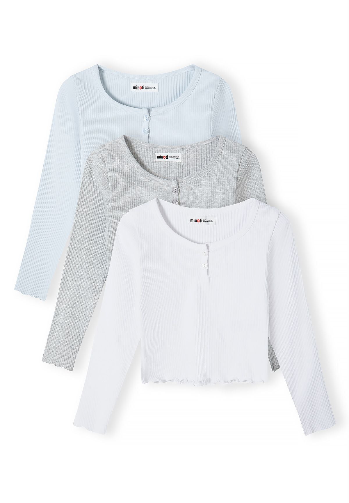 Front view of three ribbed tops in pale blue, grey marl and white.