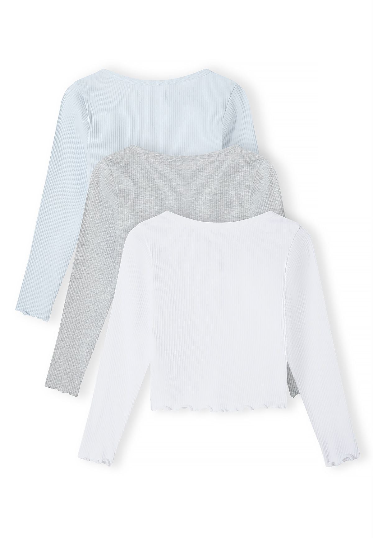 Back view of pale blue, grey marl and white ribbed tops.