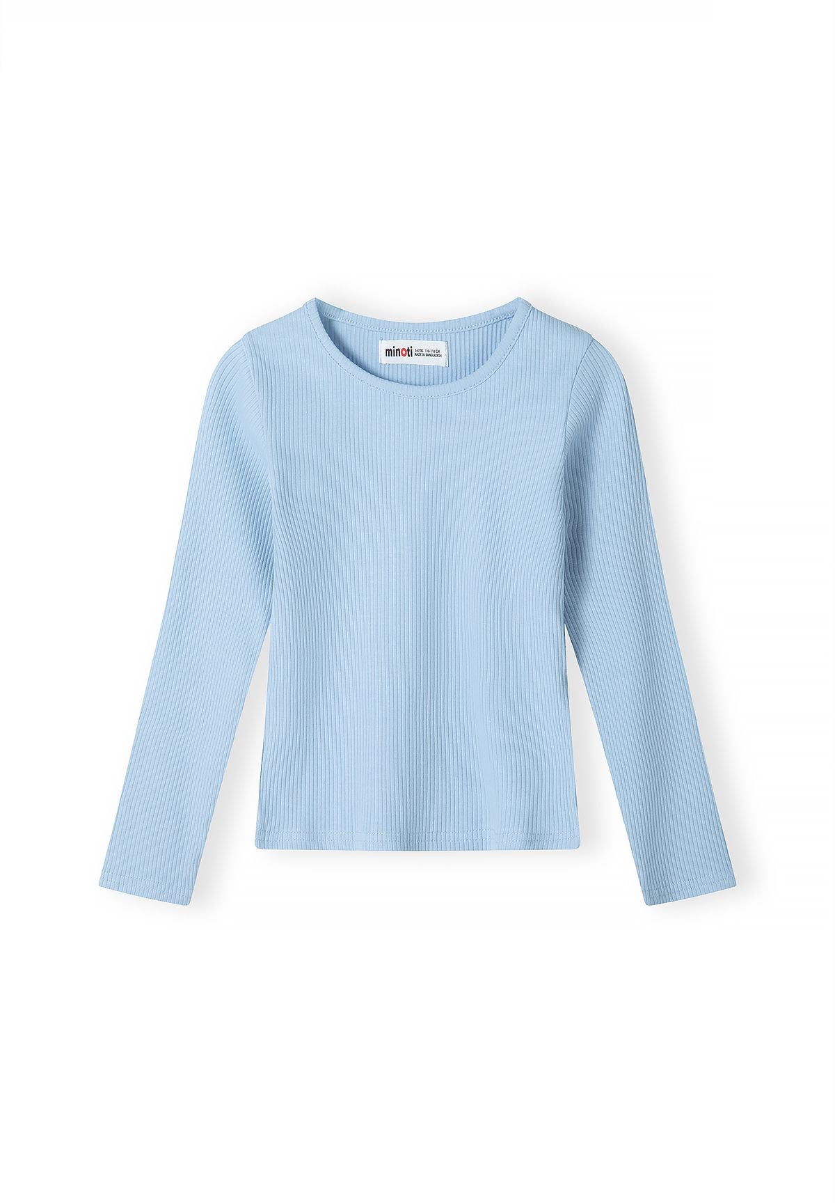 Front of pale blue ribbed crew-neck top with long sleeves.