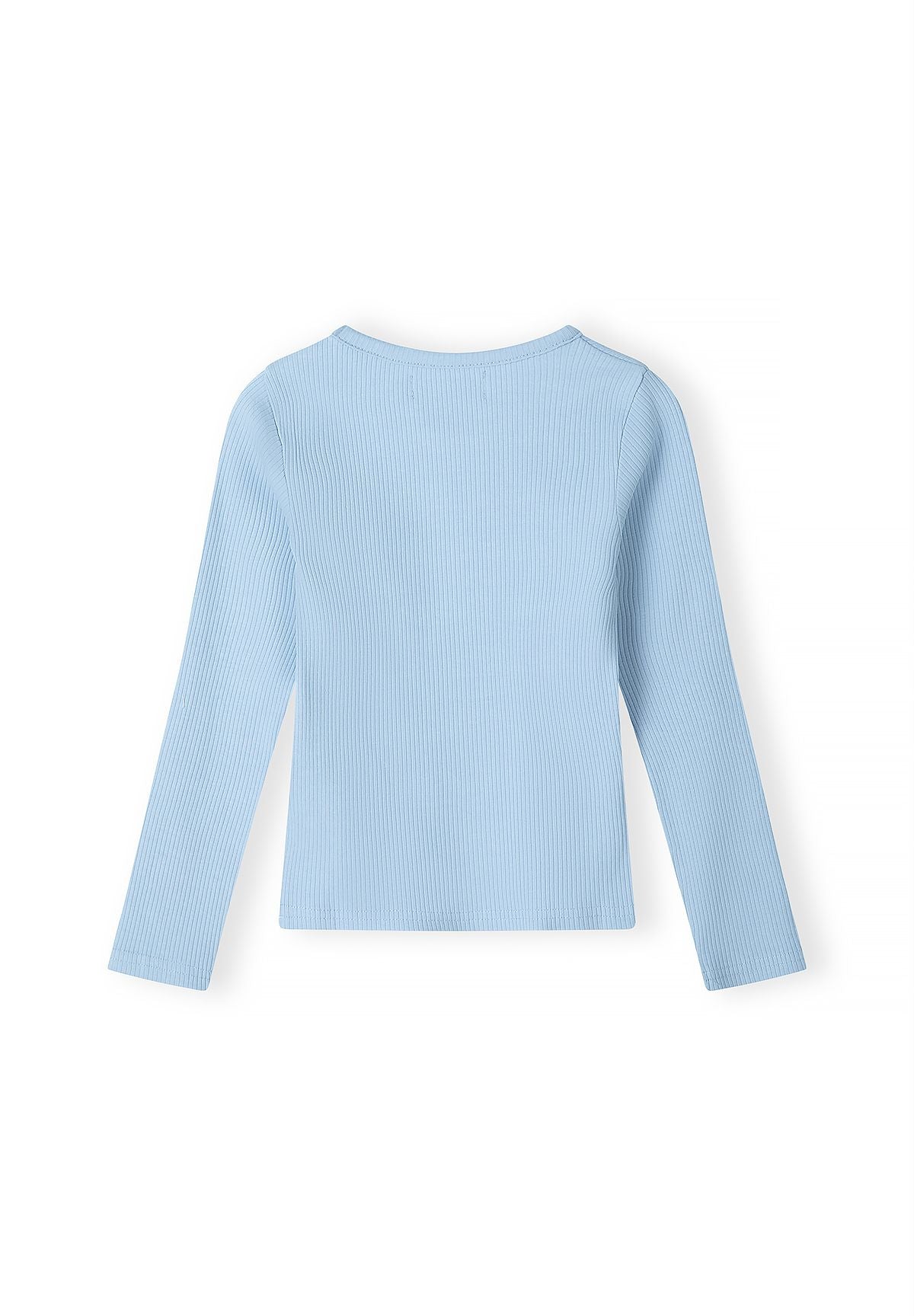 Back of plain pale blue ribbed long-sleeve top.