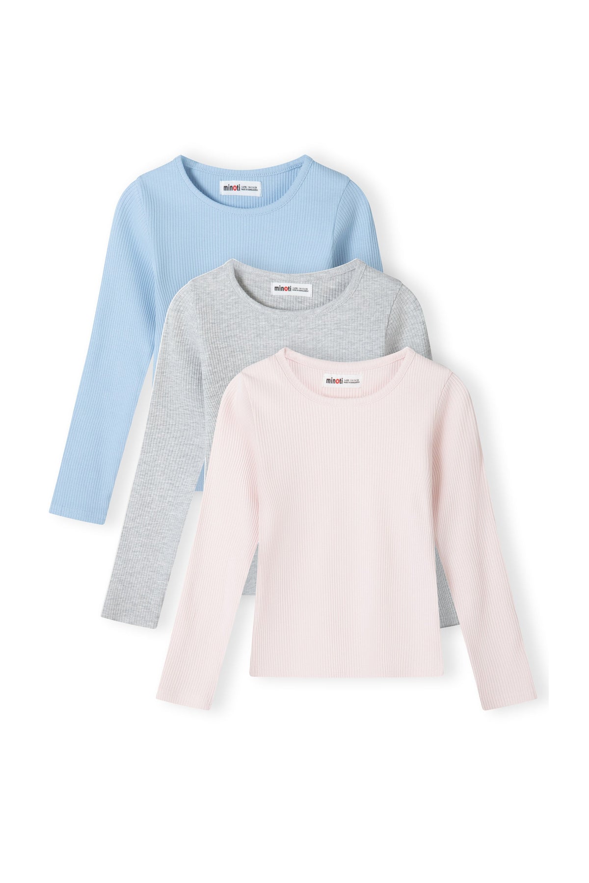 Front view of three ribbed crew-neck tops in blue, grey marl and pink.