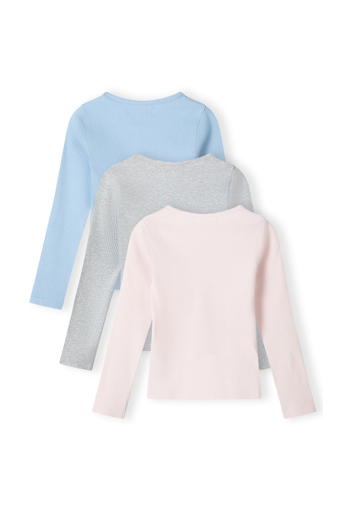 Back view of blue, grey marl and pink ribbed long-sleeve tops.