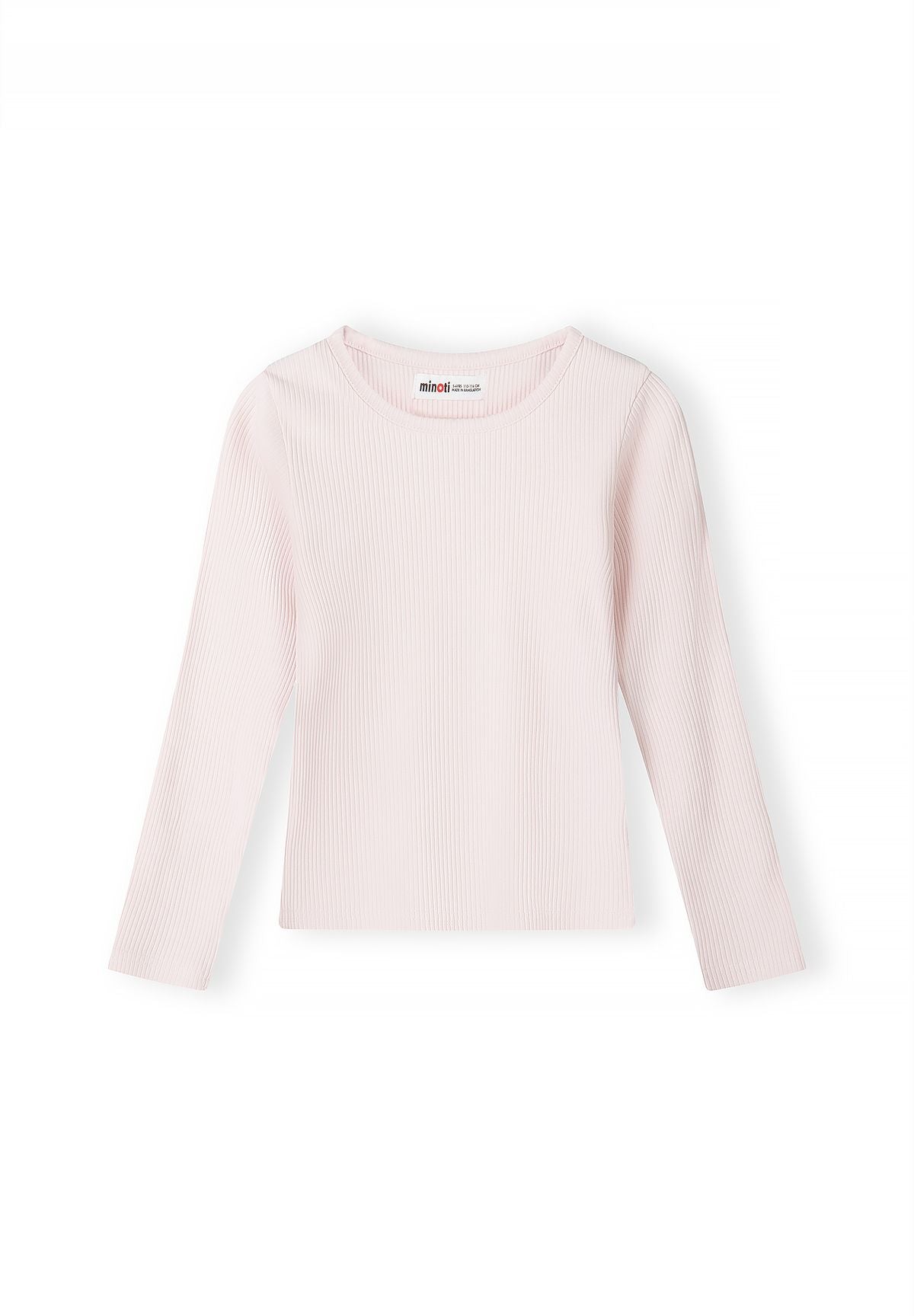 Front of plain pale pink ribbed crew-neck long-sleeve top.