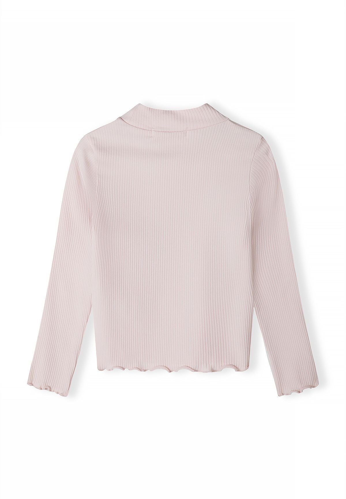 Back of a pale pink ribbed top with long sleeves and a wavy lower edge.