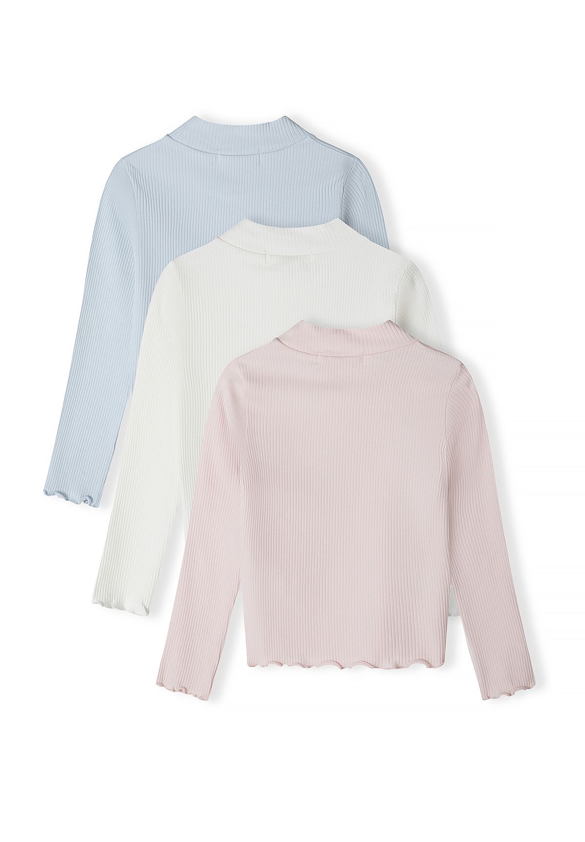 Back view of pale blue, ivory and pink ribbed tops with high necks and wavy hems.