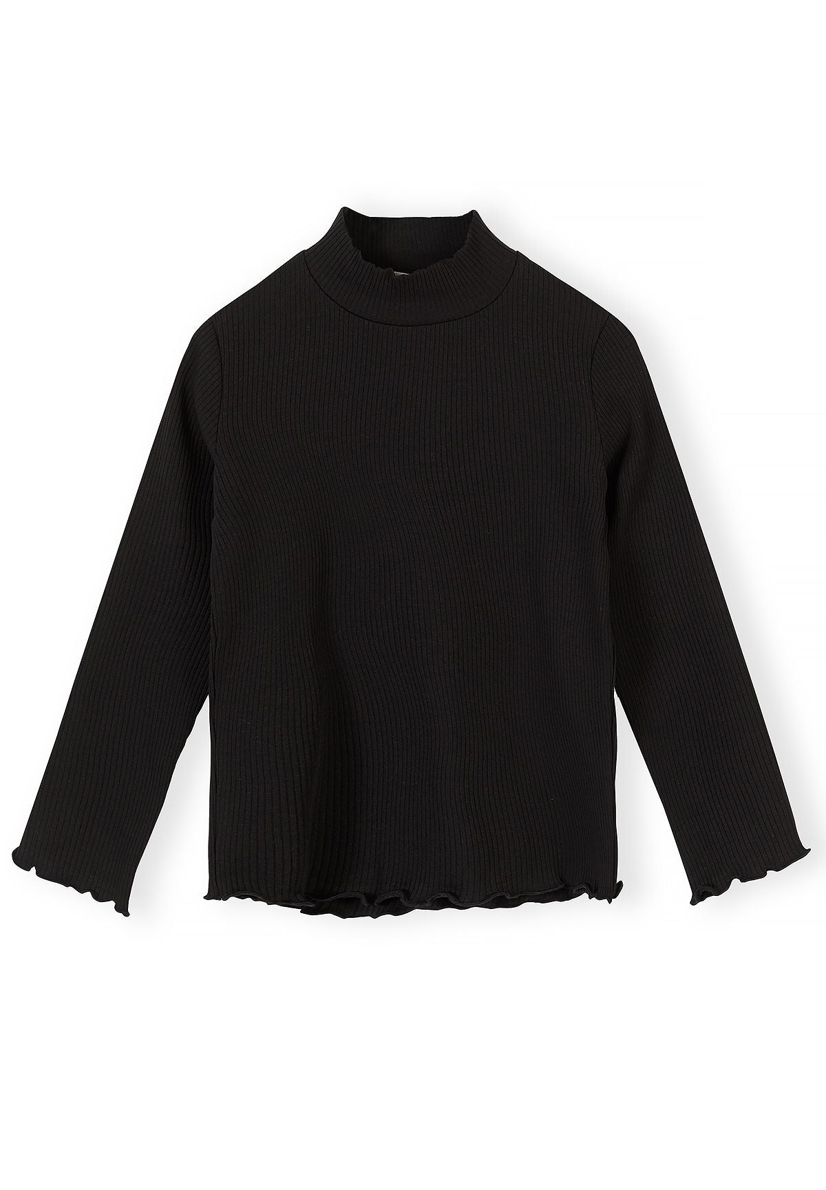 Front of black ribbed high-neck top with wavy edges.