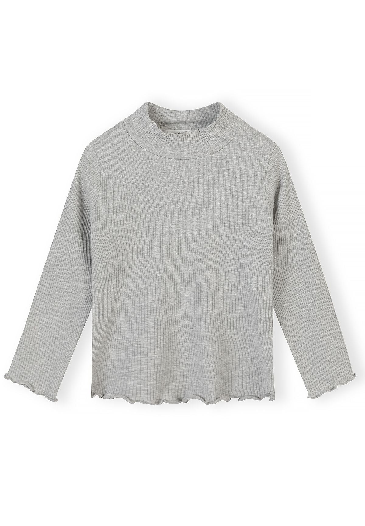 Front of grey marl ribbed high-neck long-sleeve top.