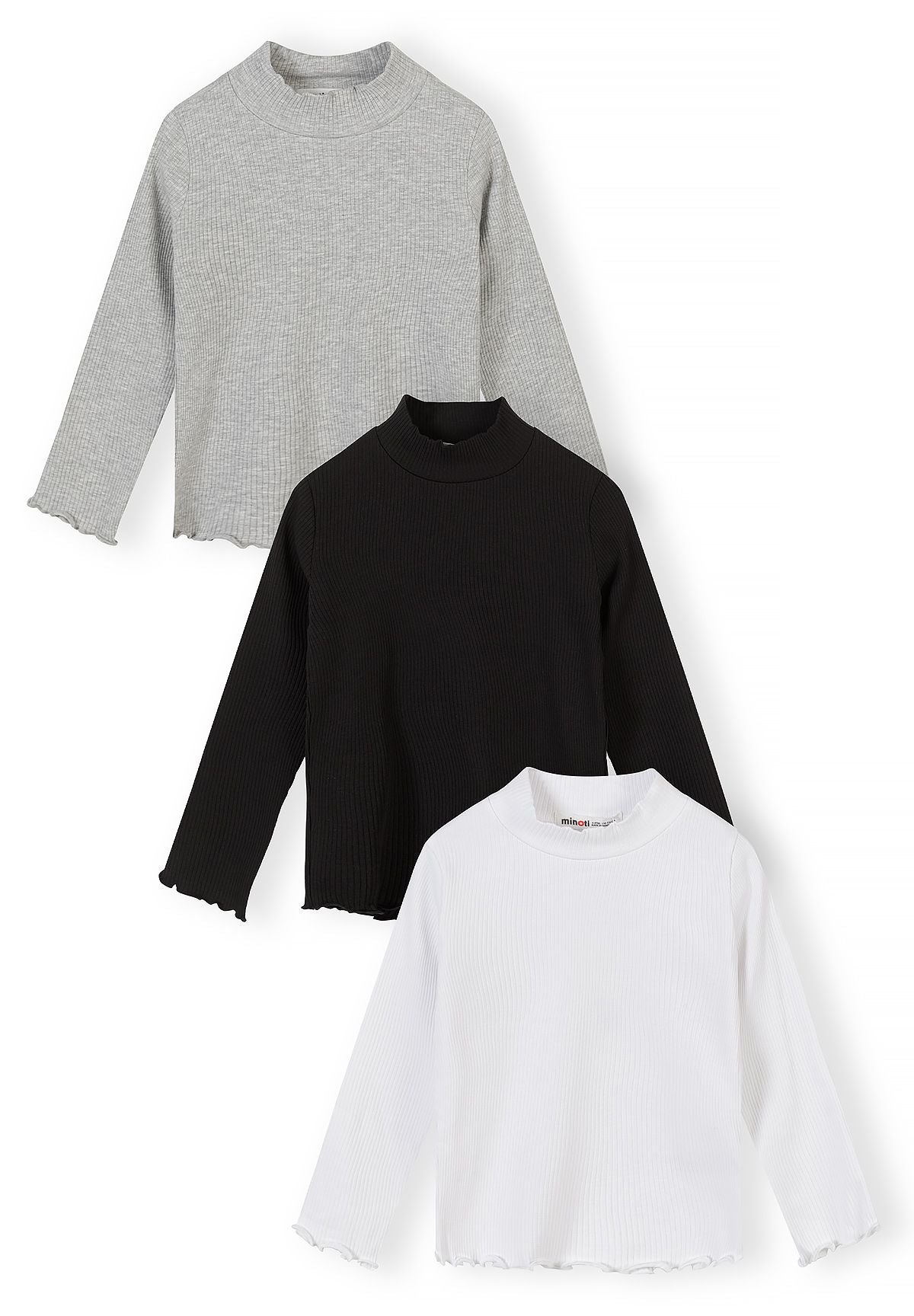 Front view of three ribbed high-neck tops in grey marl, black and white.
