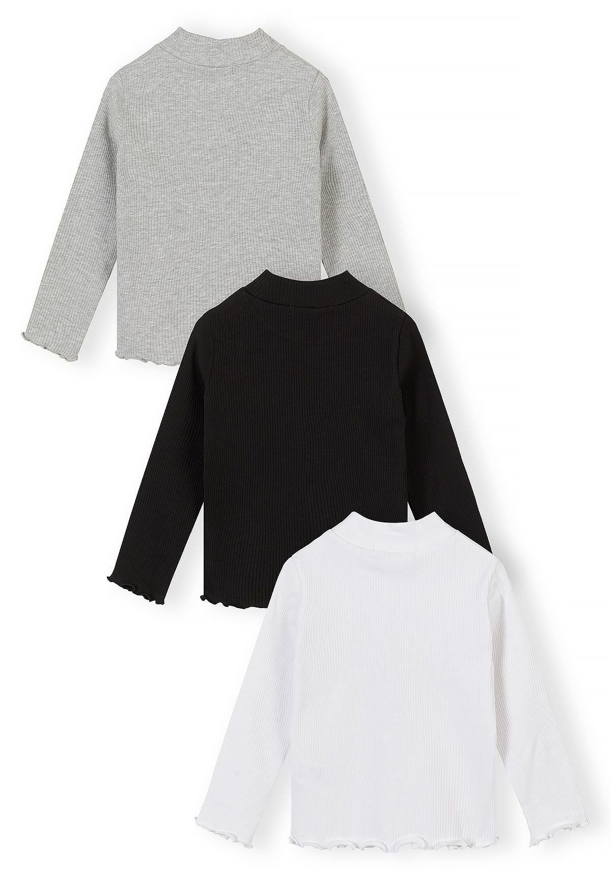 Back view of grey marl, black and white ribbed high-neck tops.
