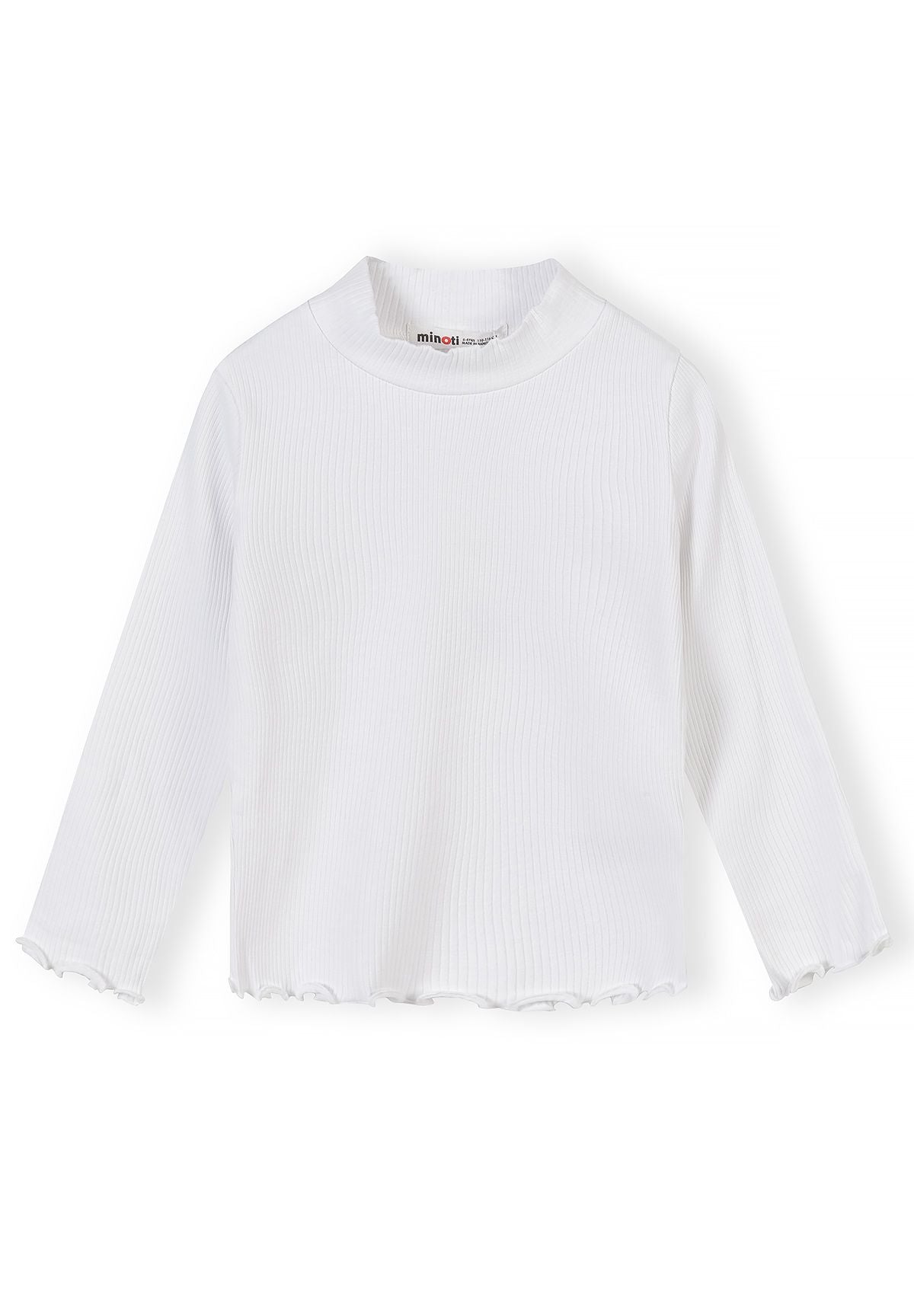 Front of white ribbed high-neck top with wavy hem and cuffs.