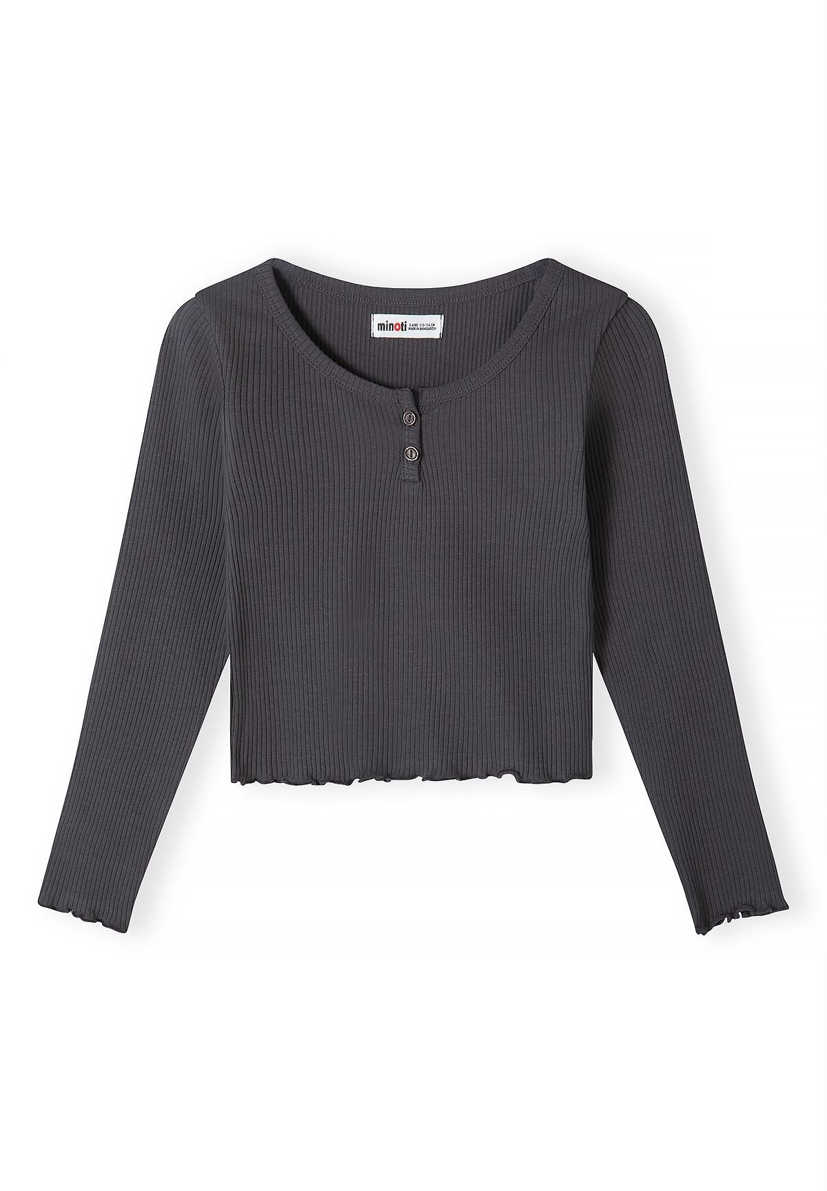 Front of charcoal ribbed top with two-button neck and wavy hem.