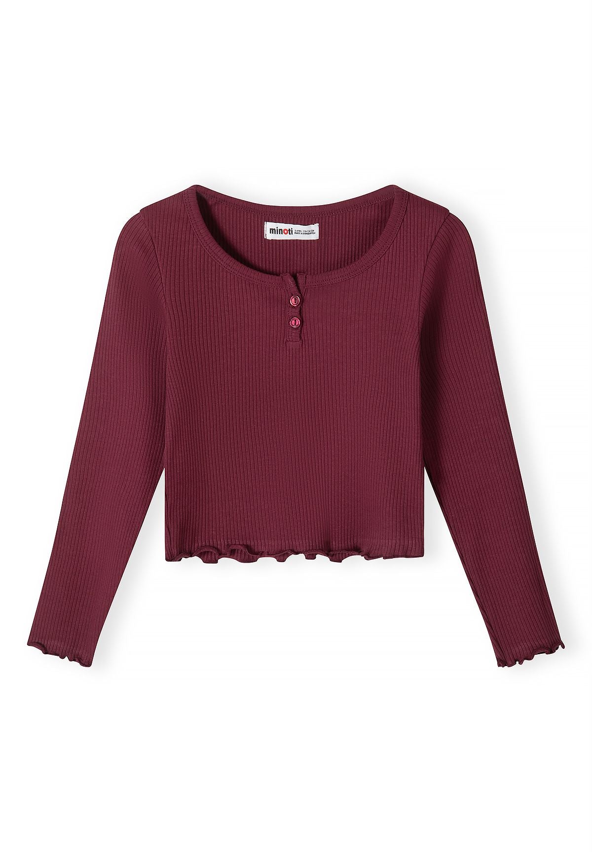 Front of burgundy ribbed top with two-button neck and wavy edges.