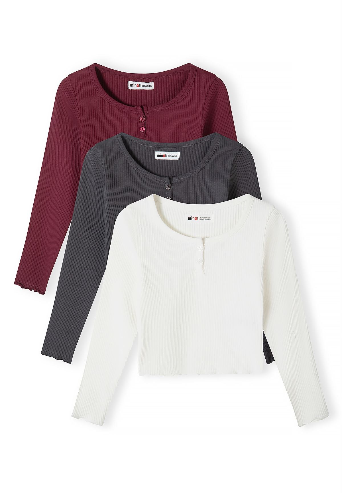 Front view of three ribbed long-sleeve tops in burgundy, charcoal and cream.