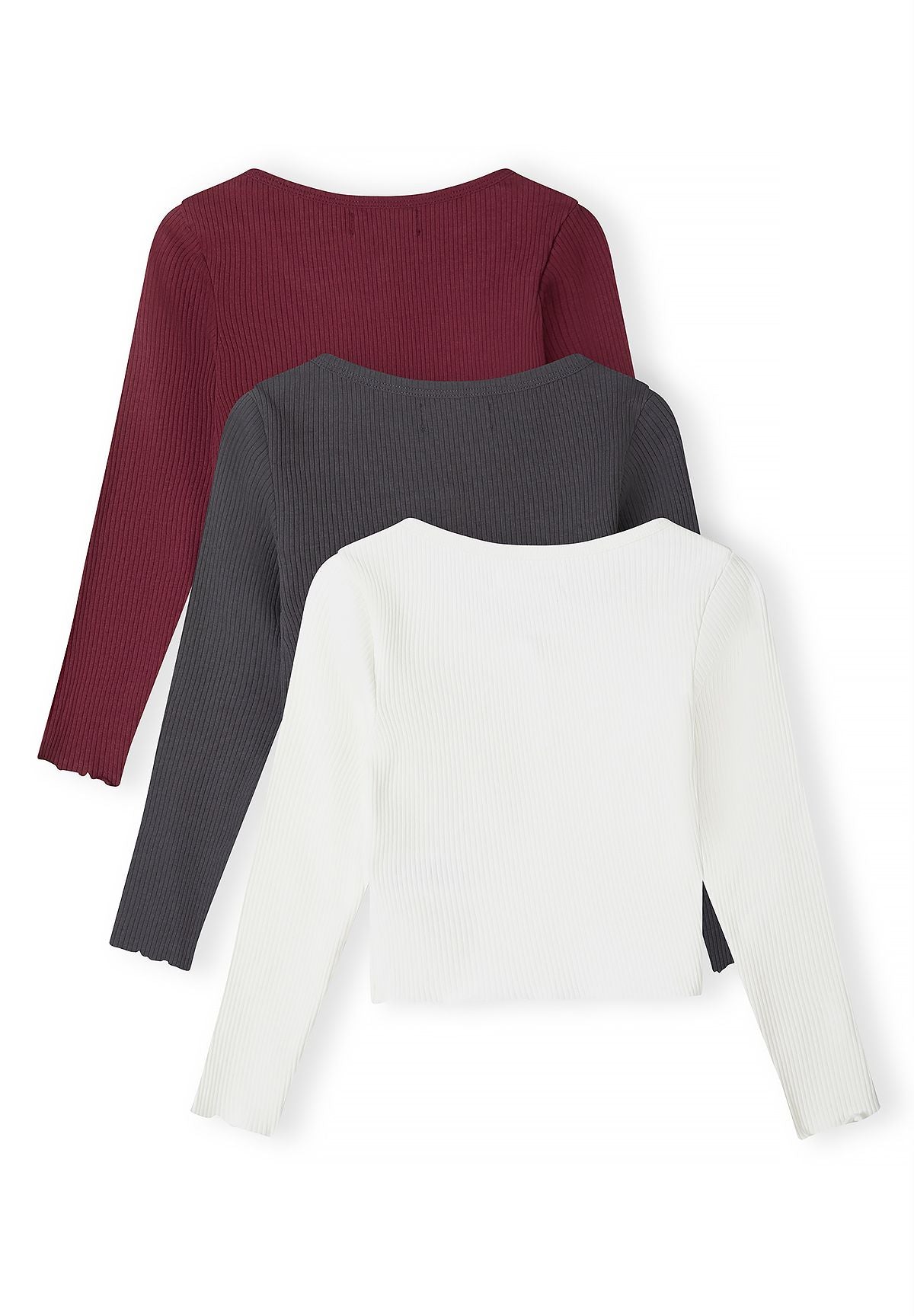Back view of burgundy, charcoal and cream ribbed long-sleeve tops.