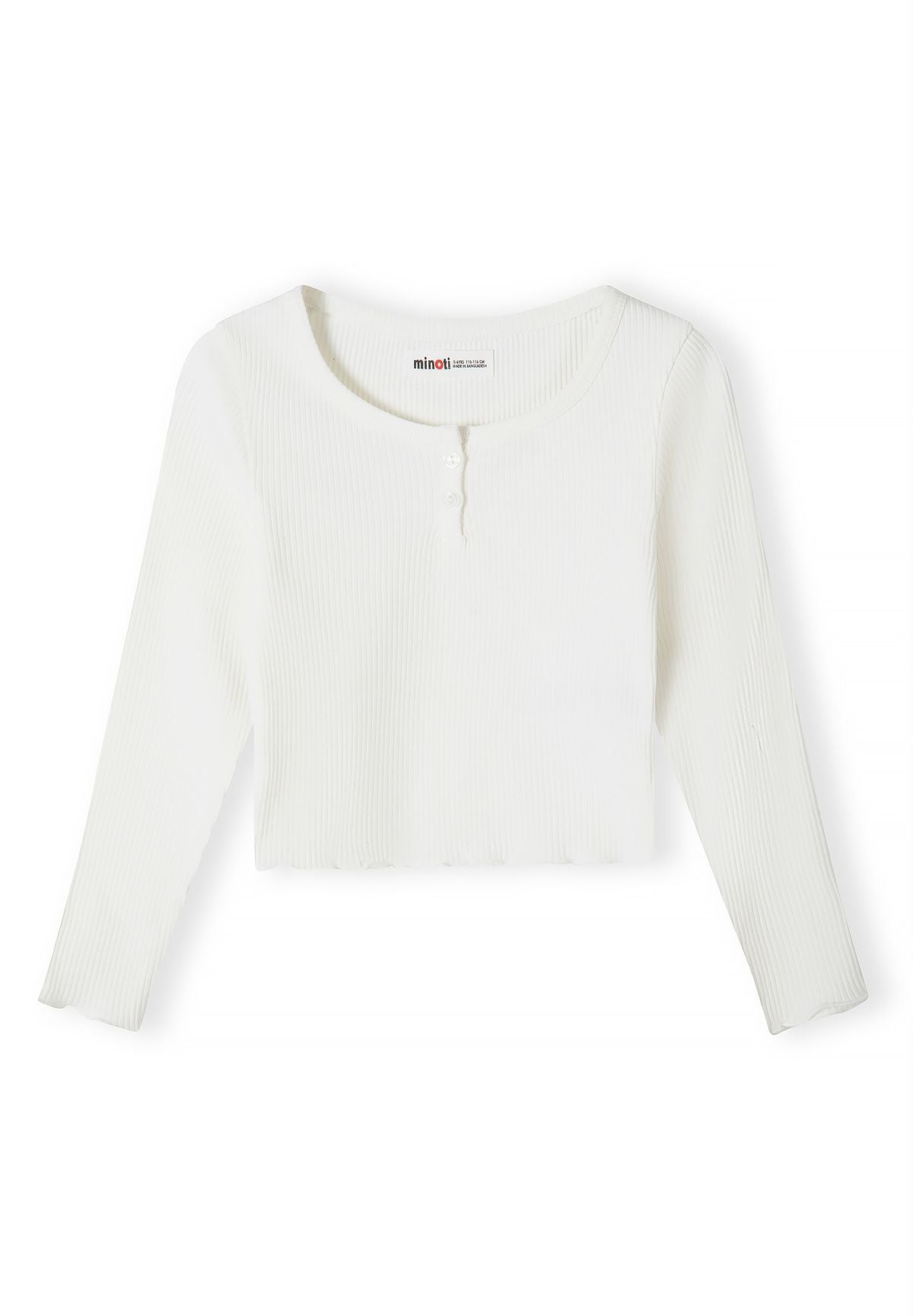 Front of cream ribbed long-sleeve top with short button placket.