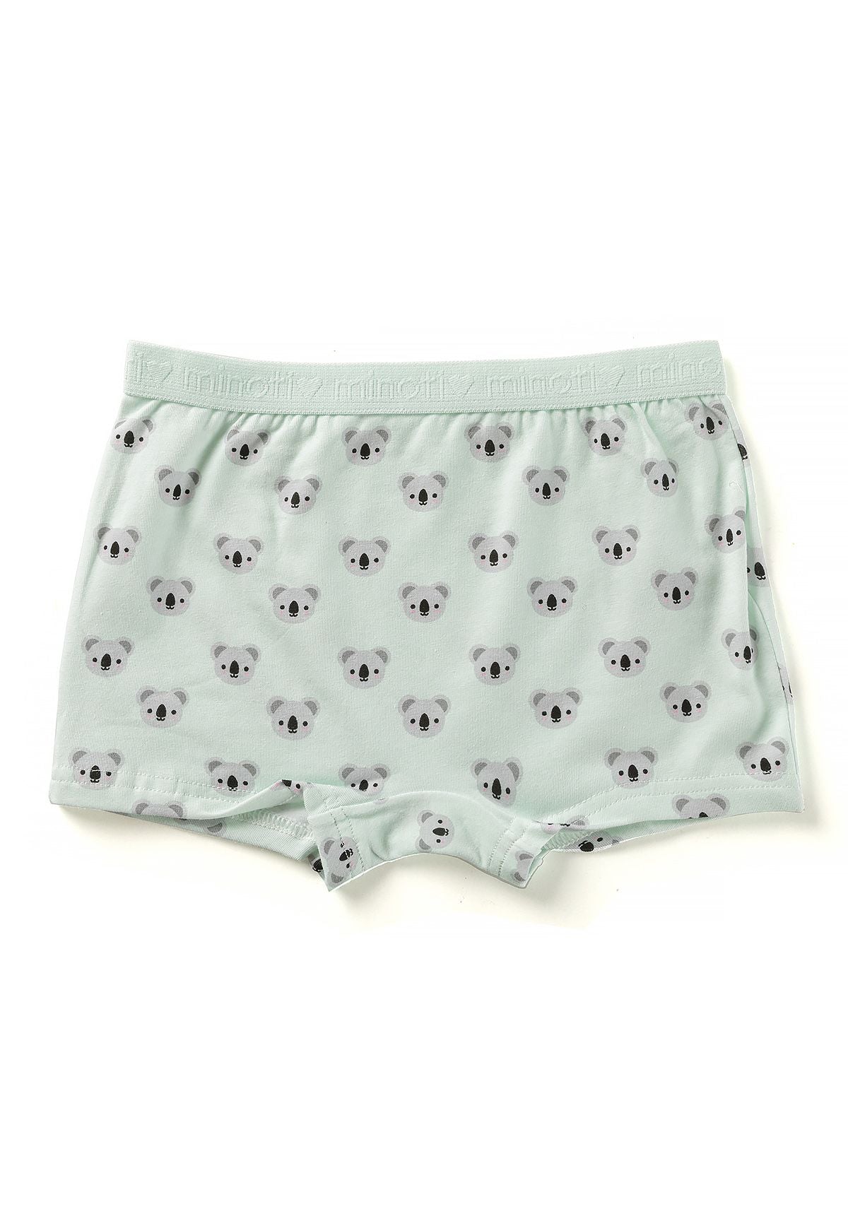 Pale mint boxer shorts with repeated grey koala-like faces and a mint elastic waistband.