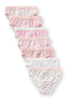Seven girls' briefs in white and pink floral, heart, striped and plain designs.