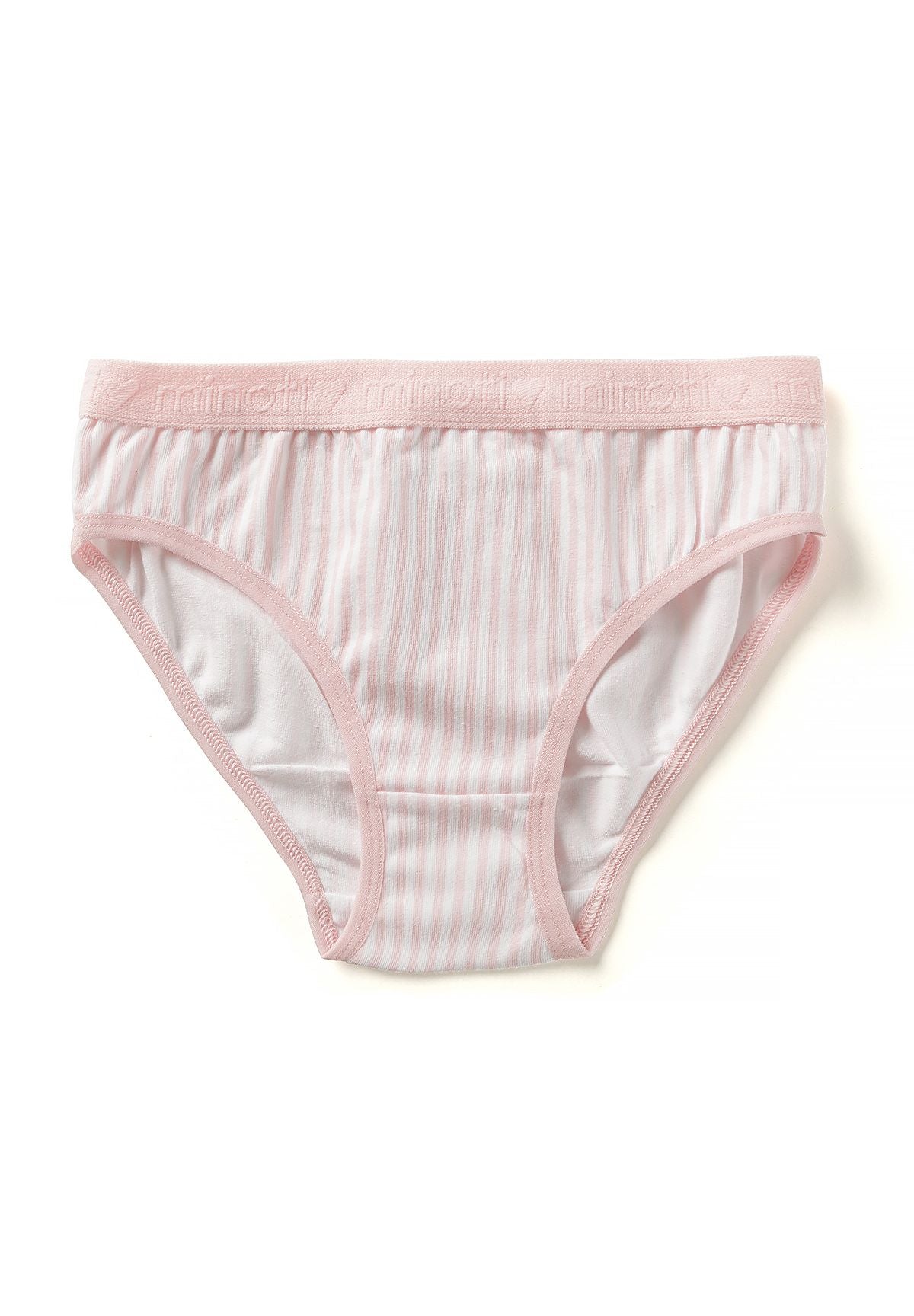 Girls' briefs with fine pale pink and white vertical stripes and pink Minoti waistband.