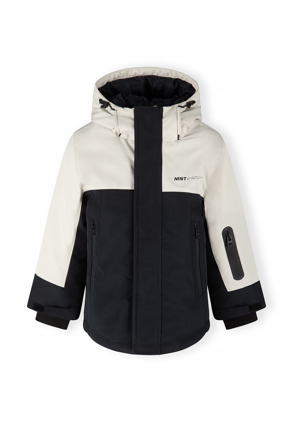 Front of a cream and black boys' parka with a covered zip, three zipped pockets and MNT chest print.