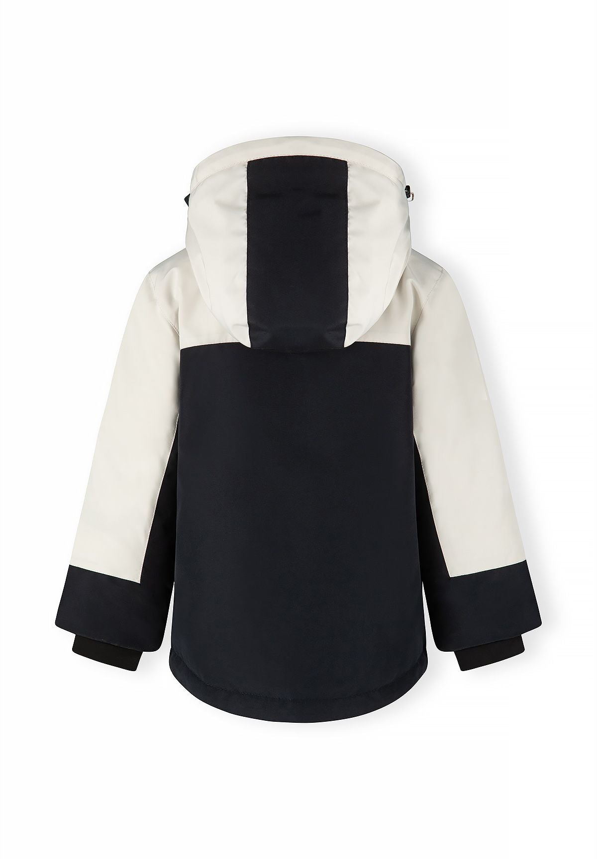 Back of the cream and black parka with a wide black stripe down the cream hood.