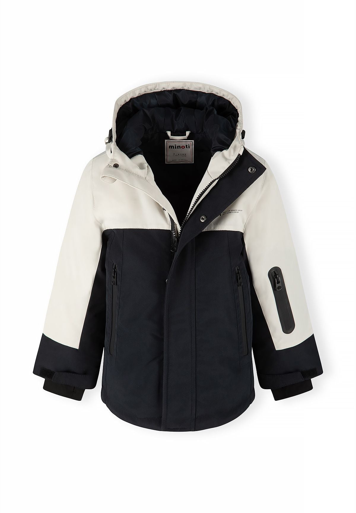 Cream and black boys' parka opened at the neck to show black hood lining and snap-fastened storm flap.