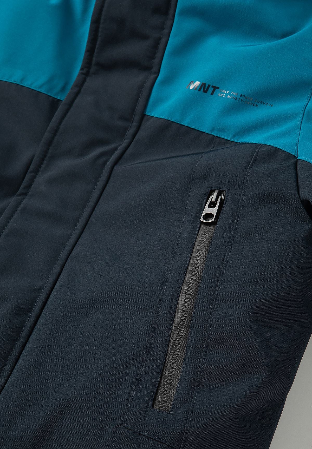 Long vertical black hip-pocket zip on the parka's navy front below the teal chest panel.