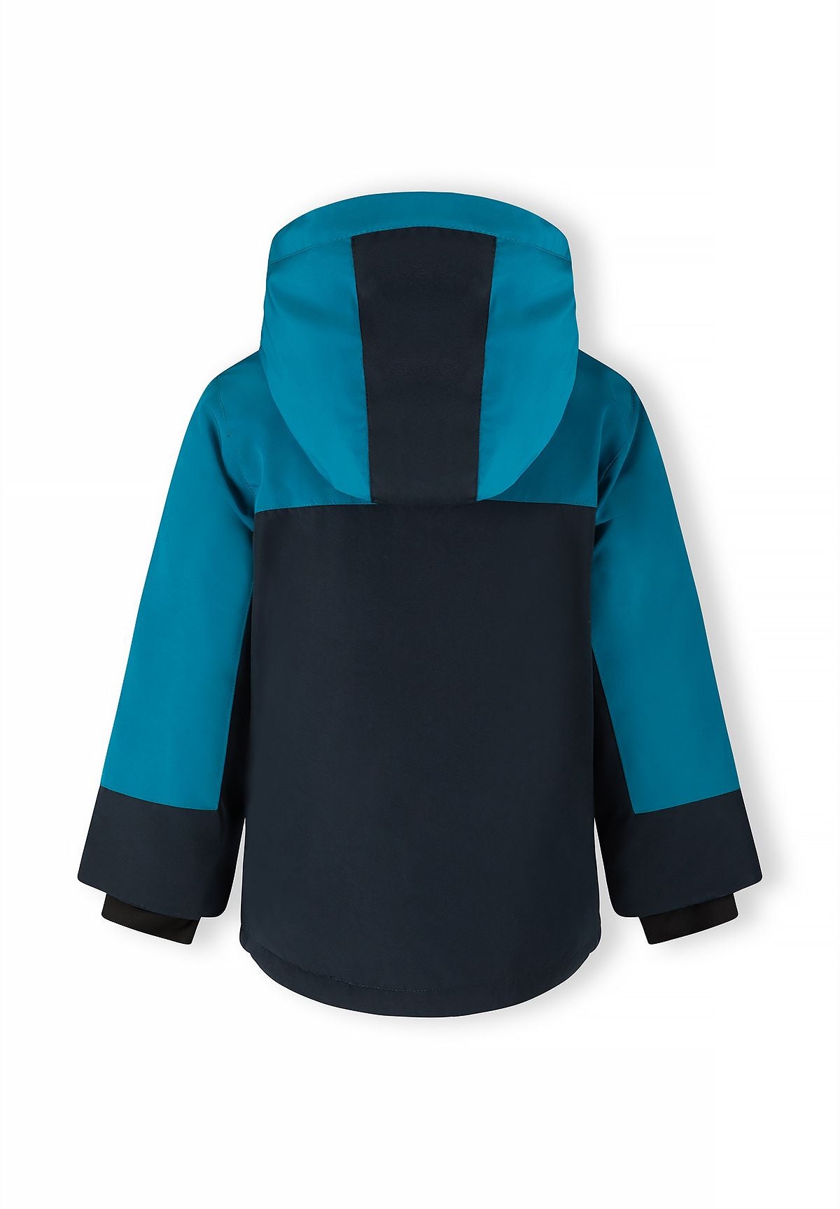 Back of the teal and navy parka with a wide navy stripe down its teal hood.