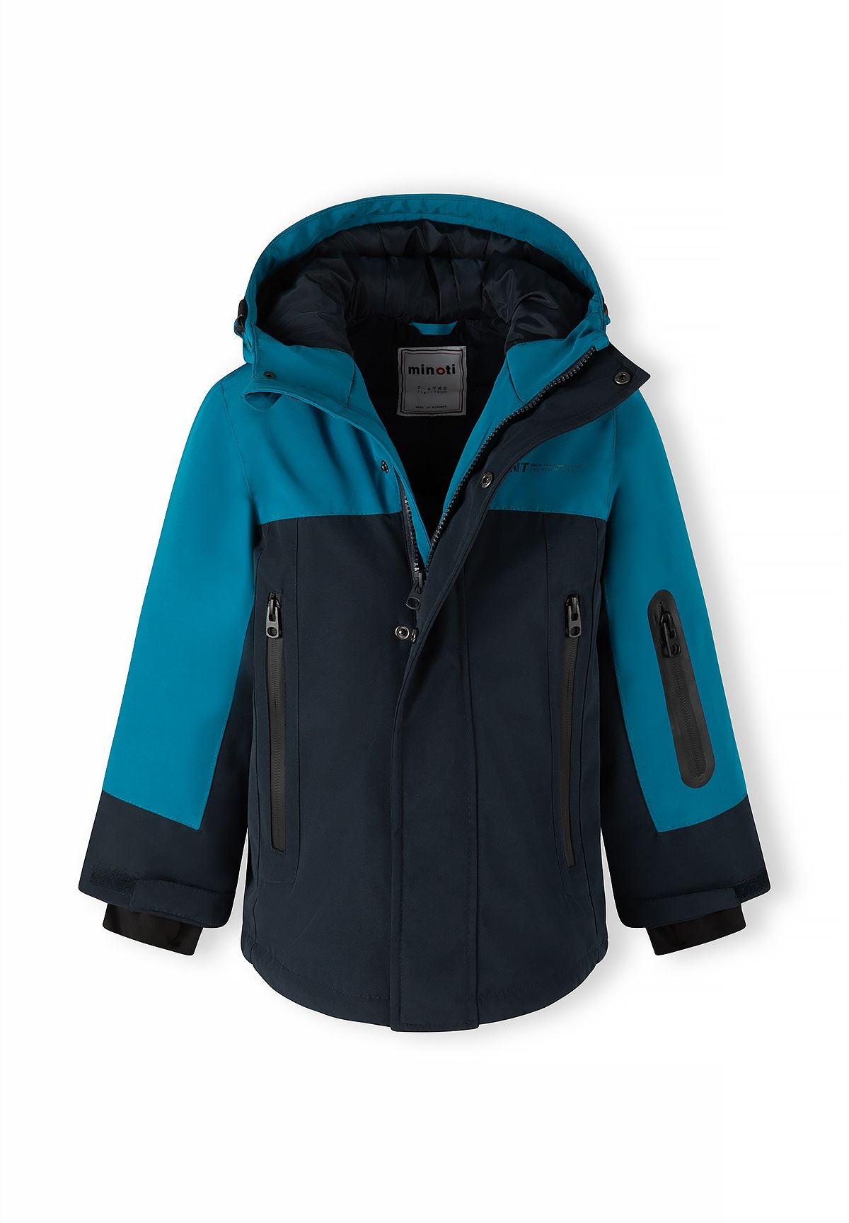 Teal and navy parka partly open to show dark padded hood lining and snap-fastened storm flap.