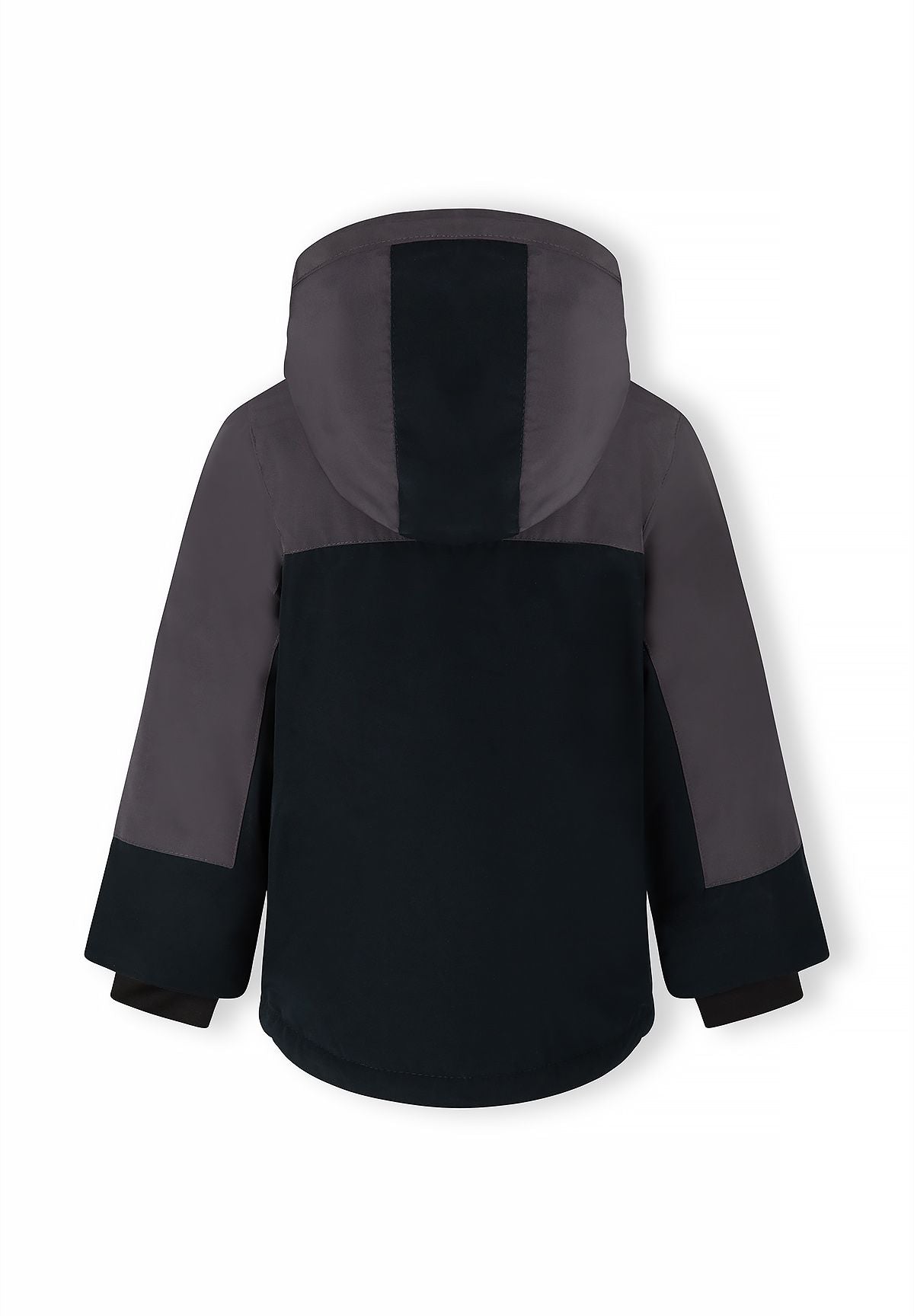 Back of the boys' charcoal and black parka with a dark vertical stripe down the hood.
