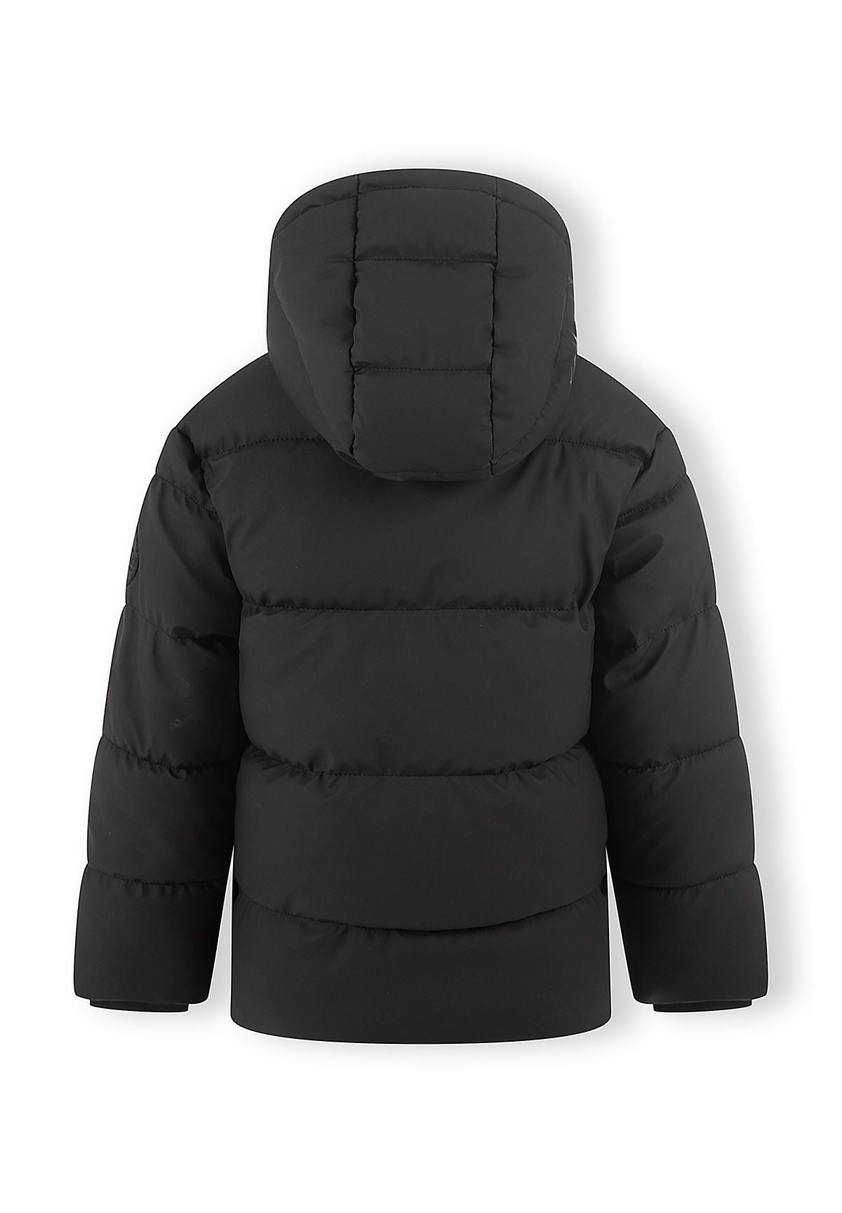 Back of a matte black padded jacket with a three-panel hood and wide horizontal quilting.