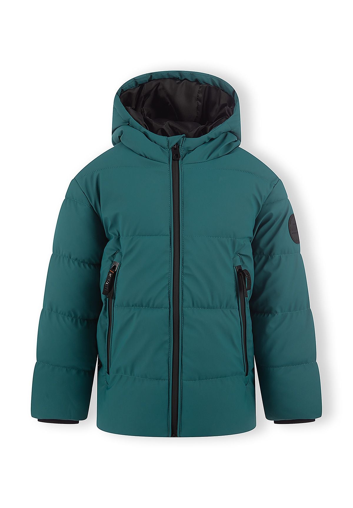 Front view of a teal padded jacket with black-lined hood, long black zipped pockets and sleeve badge.