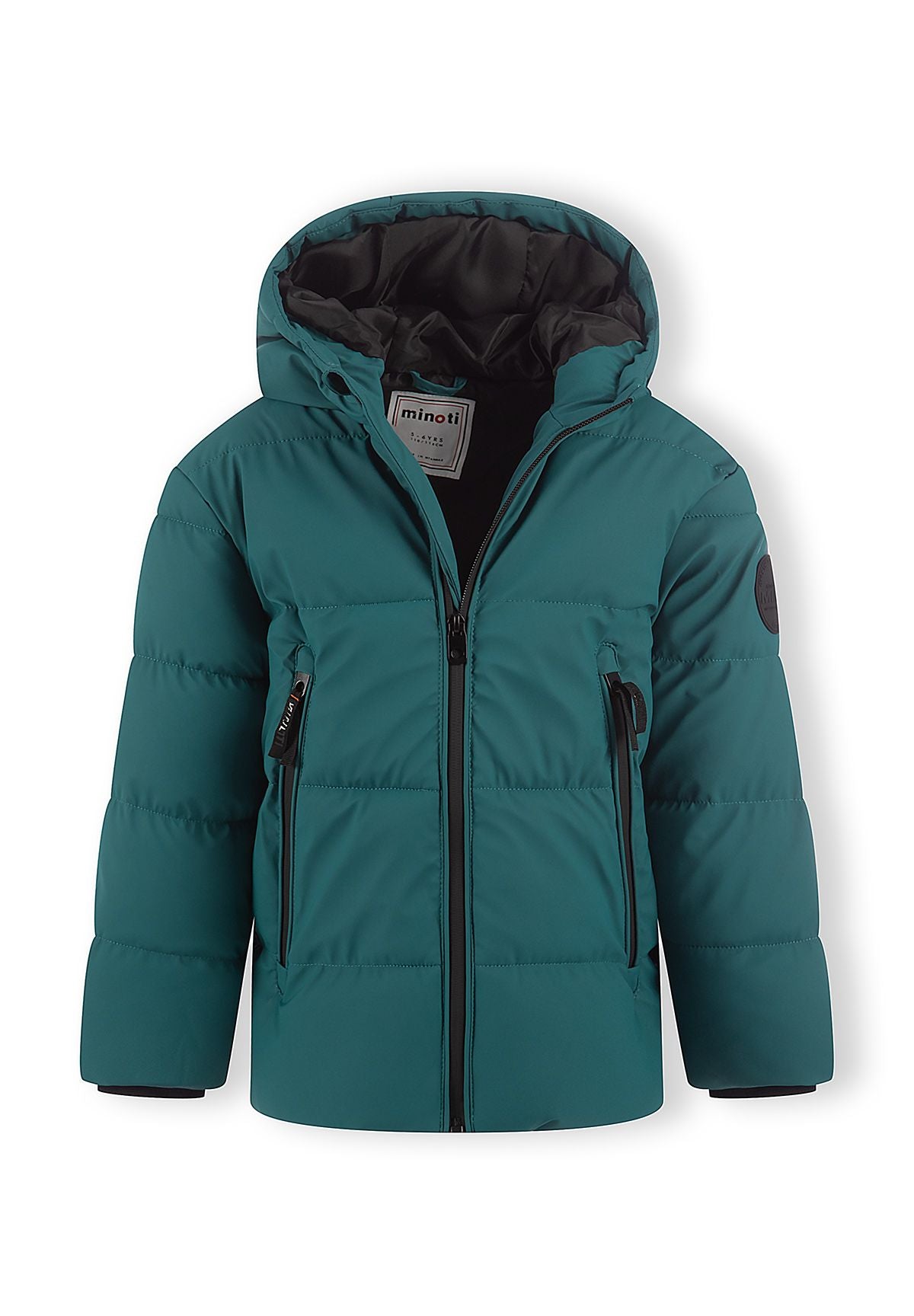 Teal puffer jacket partly unzipped to reveal black hood and body lining above two long zipped pockets.