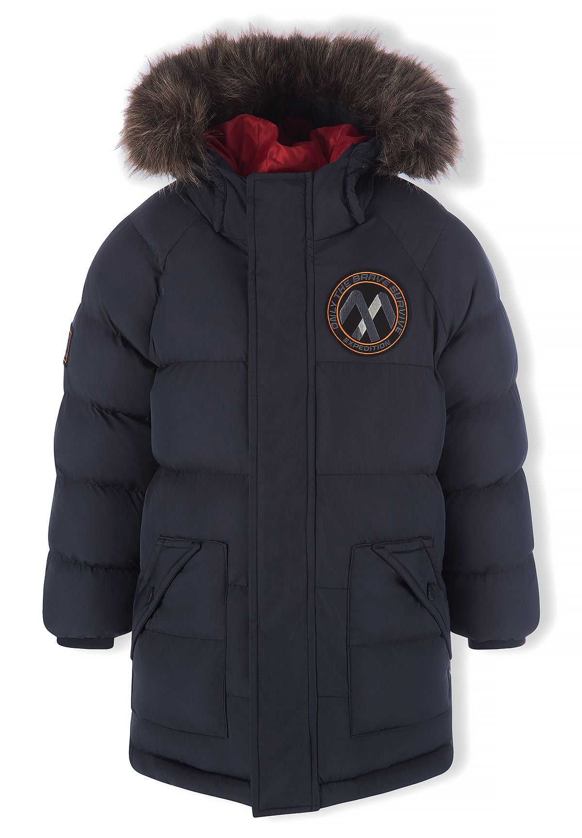 Donkerblauwe gewatteerde parka voor jongens met afneembare capuchonrand, vooraanzicht.