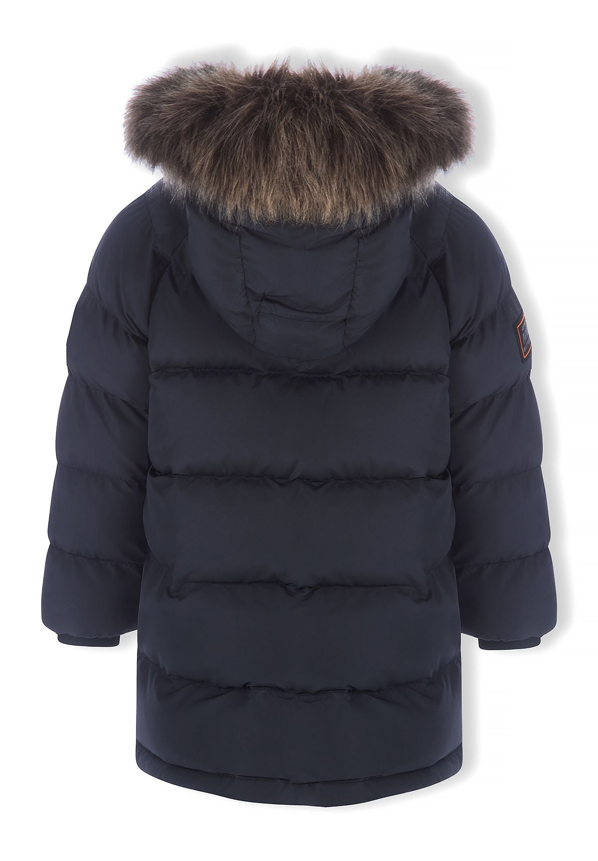 Donkerblauwe gewatteerde parka voor jongens met afneembare capuchonrand, achterkant.