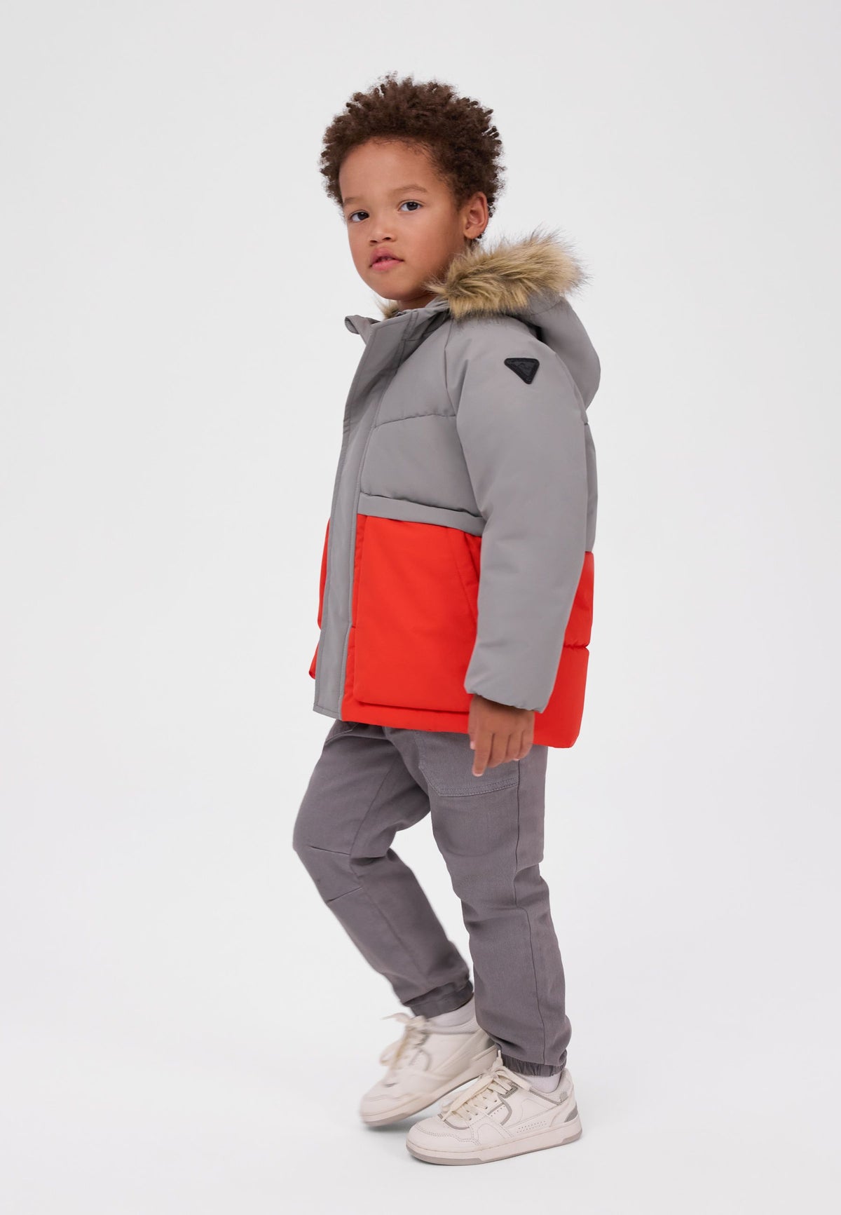 Quilted Parka, faux fur hood, grey and orange – Minoti 33COAT201, 4