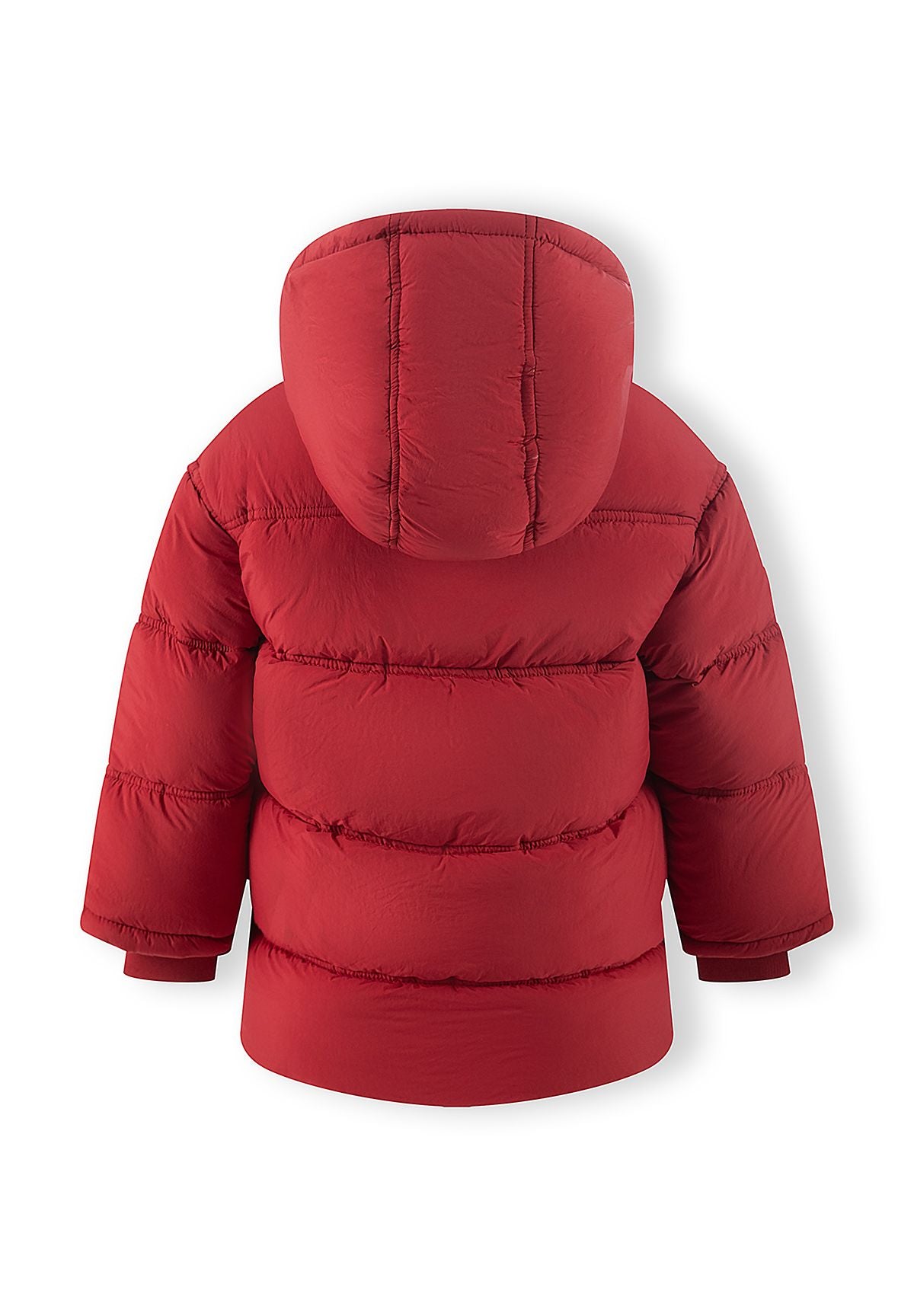 Roter, wattierter Kapuzenmantel für Jungen, Rückansicht.