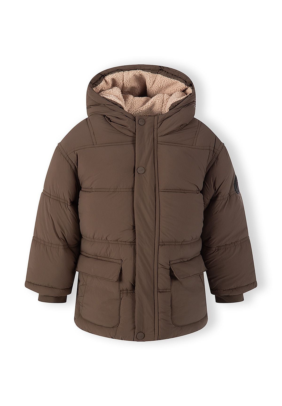 Front view of a brown hooded puffer jacket with beige teddy-lined hood and two large flap pockets.