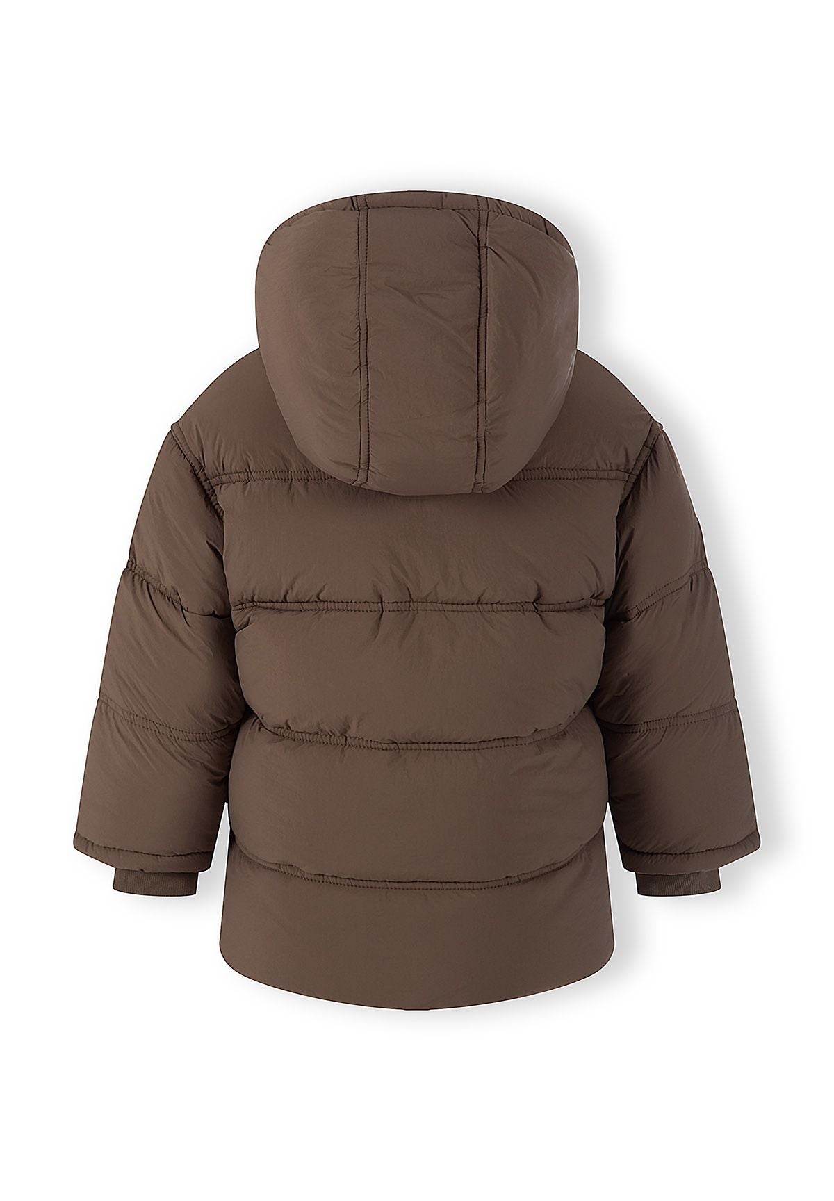 Back view of the brown padded hooded jacket with horizontal quilted bands and rib cuffs.