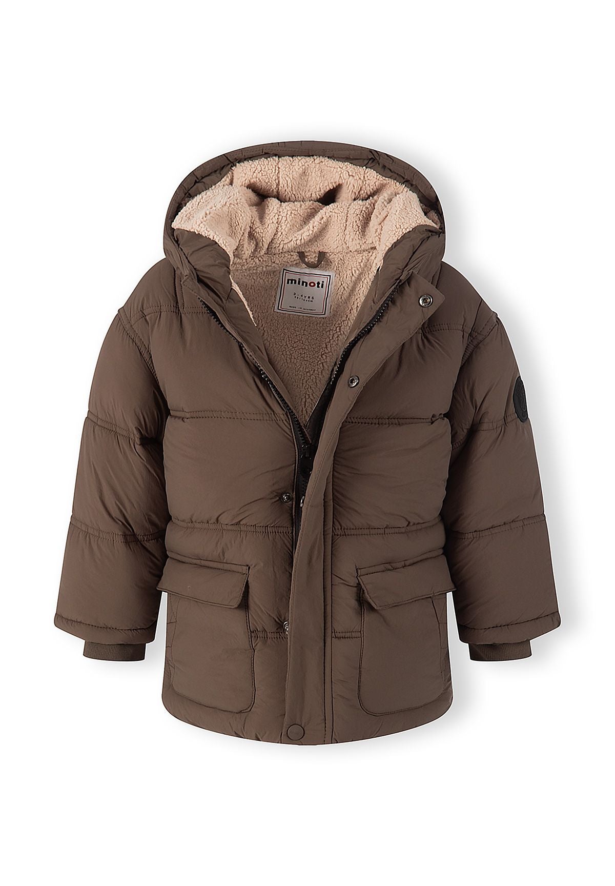 Brown padded jacket partly open to show beige teddy lining through the hood and body.