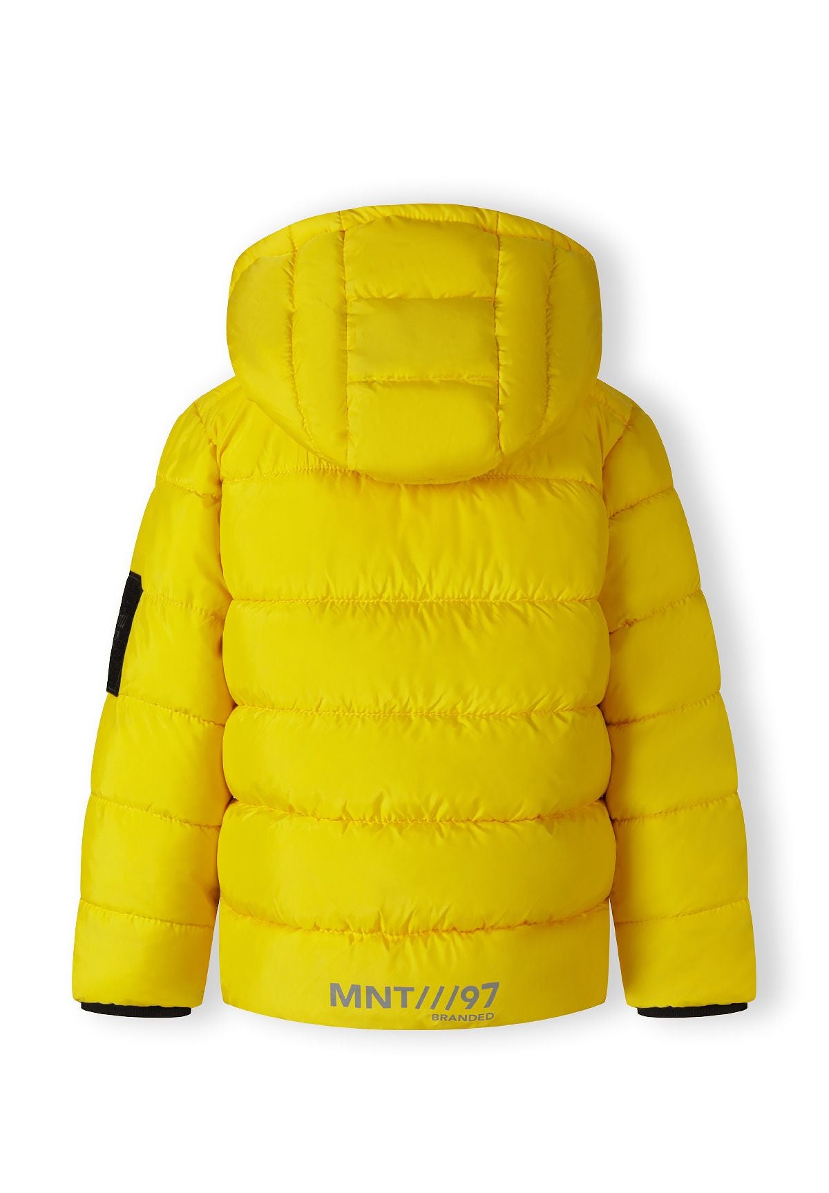 Back of a bright yellow puffer jacket with padded hood and grey MNT///97 lettering at hem.