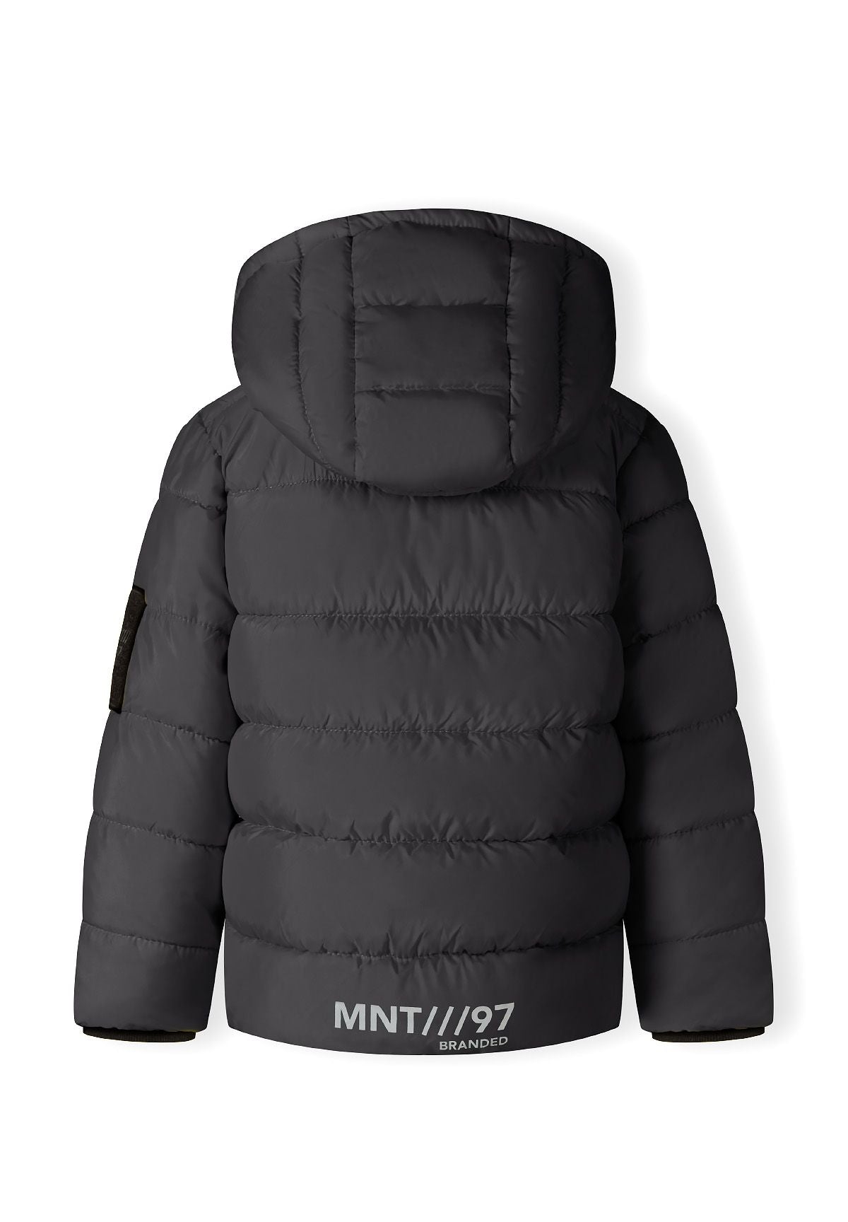 Back of the black hooded puffer with broad horizontal quilting and silver-grey MNT///97 lettering at the hem.