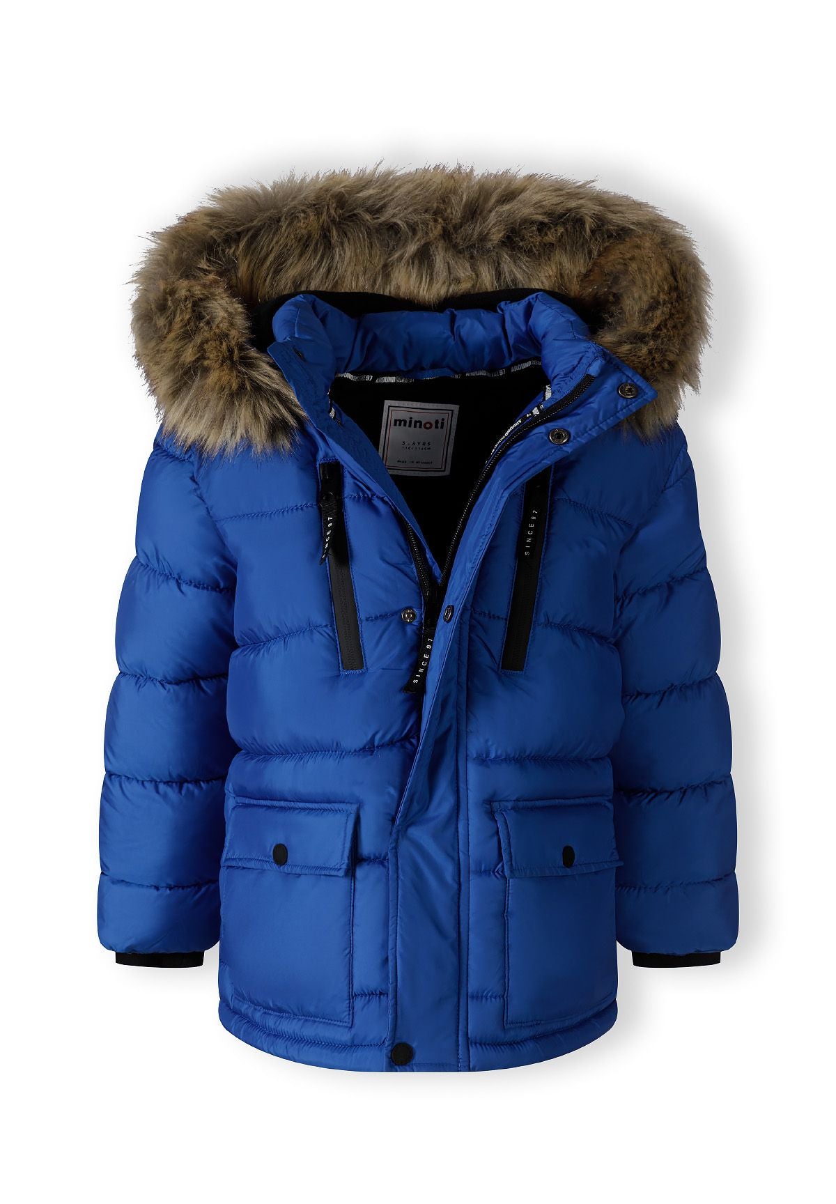 Royal blue parka partly open beneath its fur-look hood, revealing dark lining and covered centre zip.