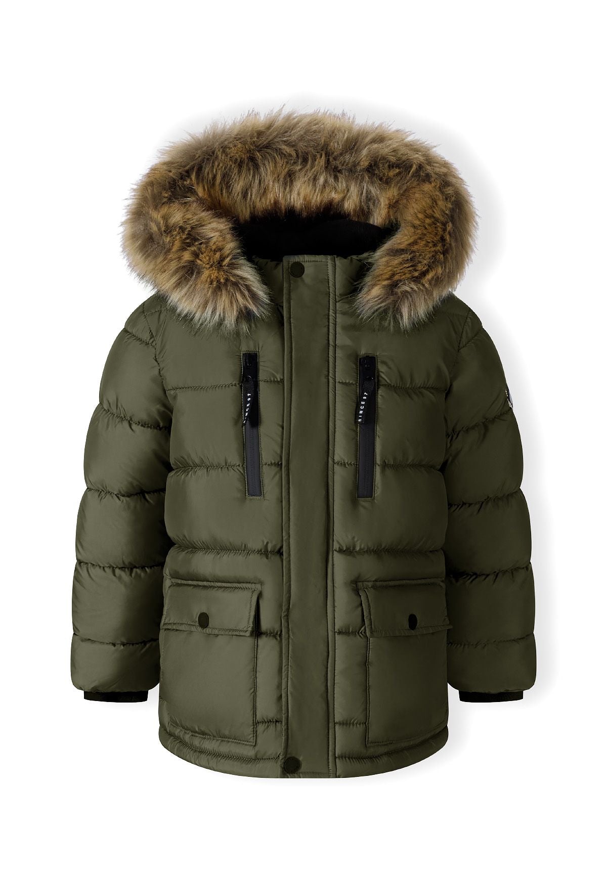Front of an olive khaki boys' puffer parka with brown fur-look hood trim and four front pockets.
