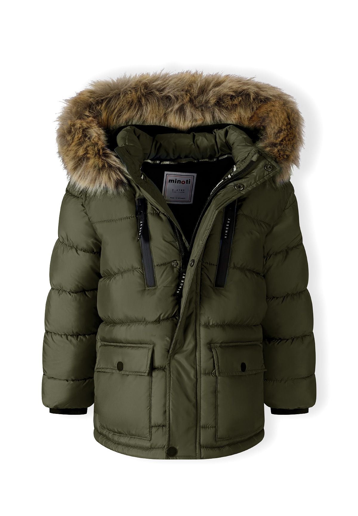 Olive khaki parka partly open beneath its brown fur-look hood, showing dark lining and twin chest zips.