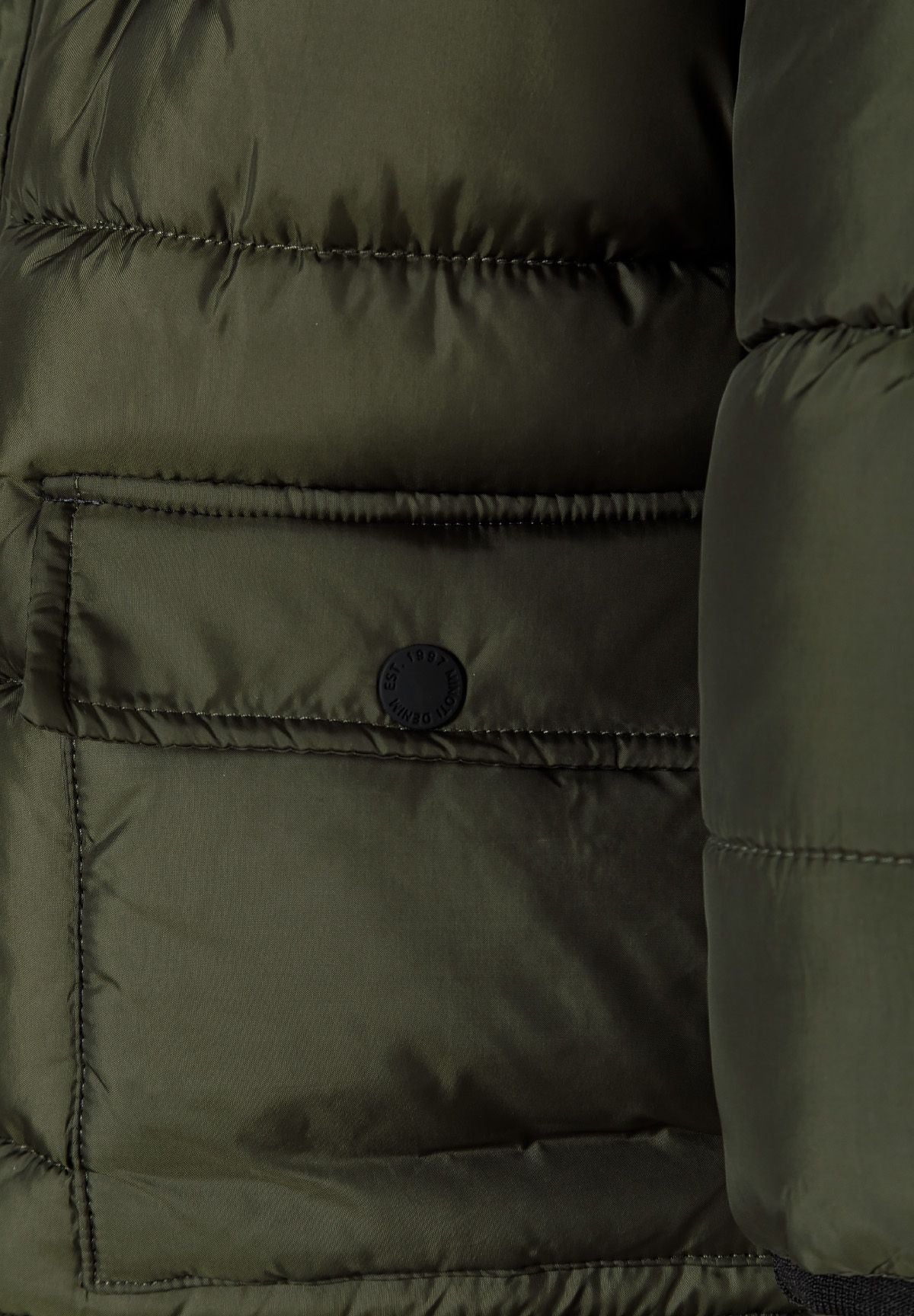 Close-up of the olive khaki parka's rectangular lower pocket with a snap-fastened flap.
