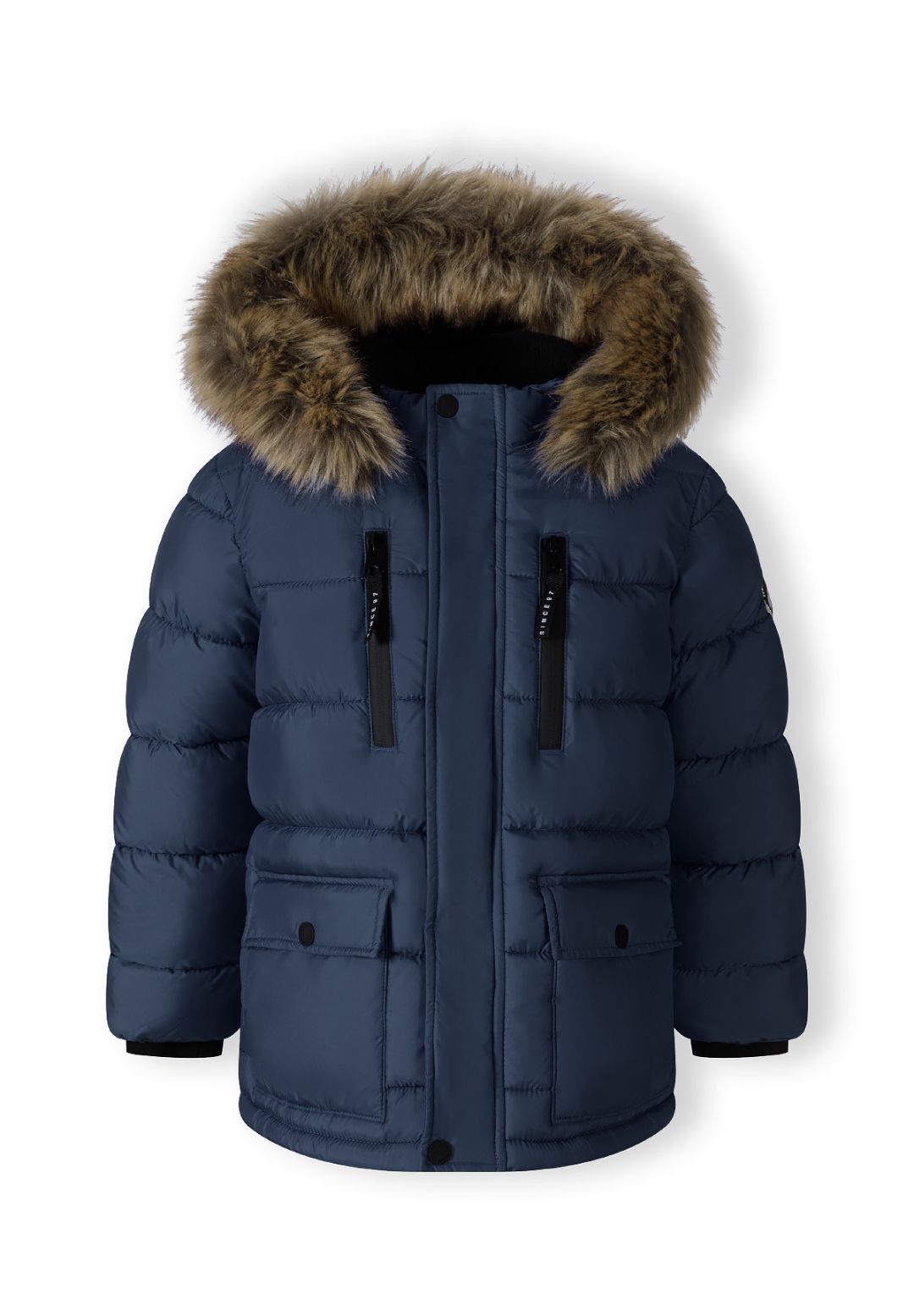 Front of a navy boys' parka with brown fur-look hood trim, twin chest zip pockets and snap-flap pockets.