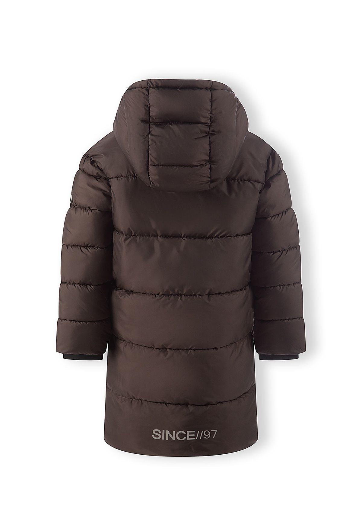 Back of the dark brown longline puffer coat with wide quilted bands and pale SINCE//97 print near hem.