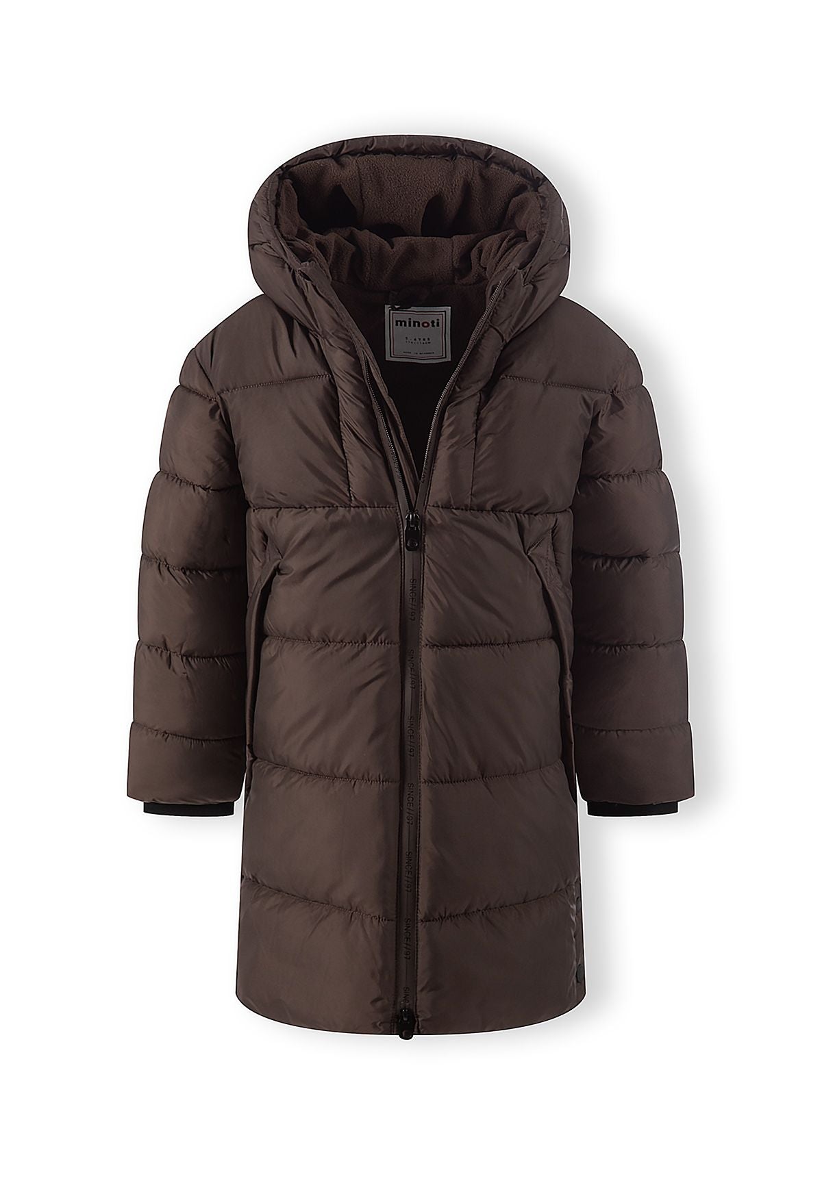 Dark brown padded coat partly unzipped to reveal the hood's dark lining and neck label.