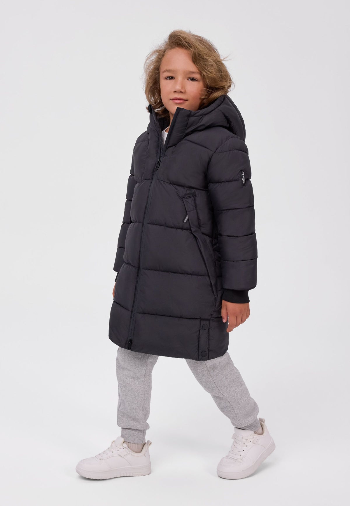 Boys' black padded coat, knee length with a fleece-lined hood – Minoti 33COAT510C