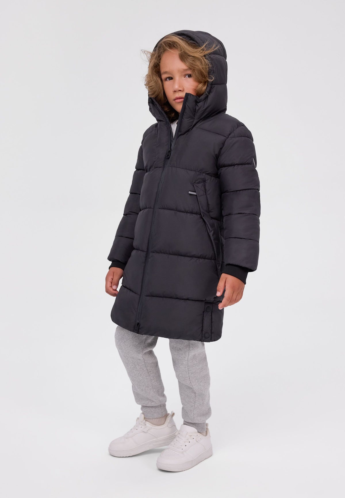 Boys' black padded coat, knee length with a fleece-lined hood – Minoti 33COAT510C, 2